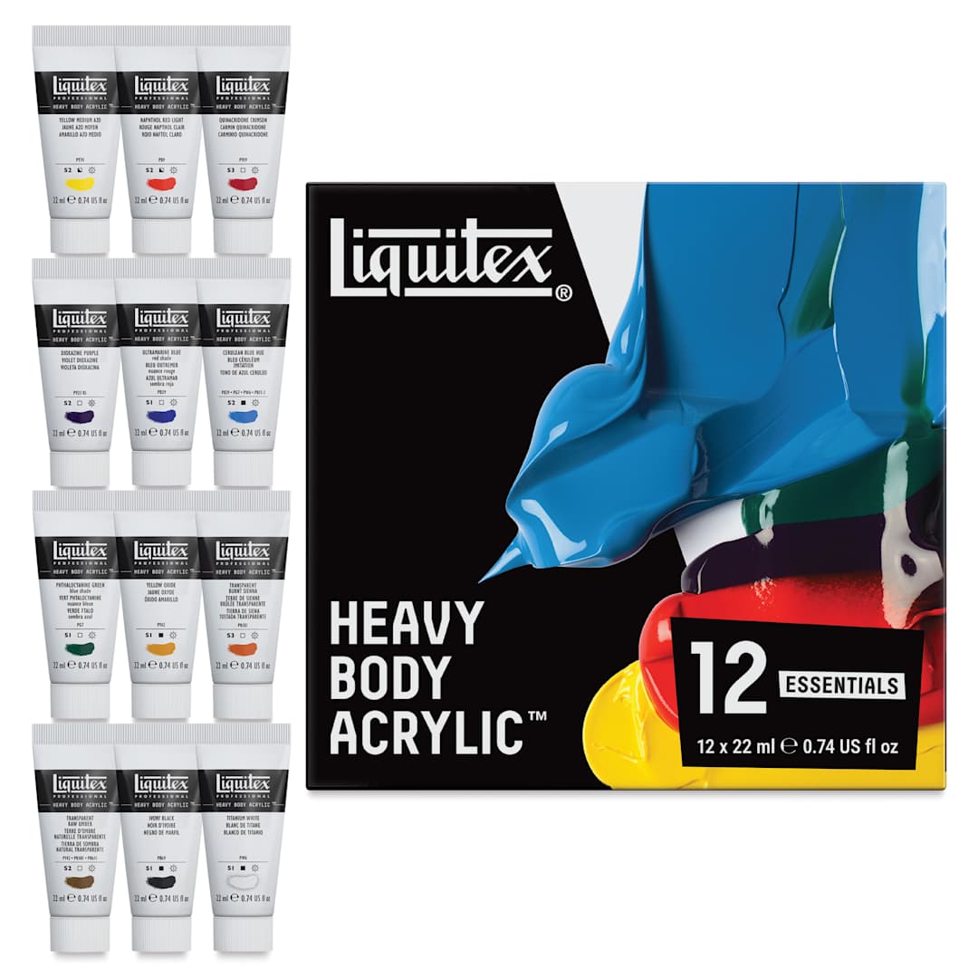 Open in modal - Liquitex Professional Heavy Body Acrylics - Set of 12, Essential Colors, 22 ml, contents and packaging