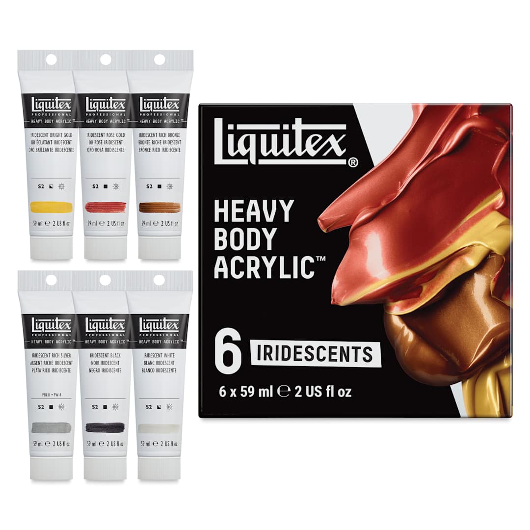 Open in modal - Liquitex Professional Heavy Body Acrylics - Set of 6, Iridescent Colors, 59 ml, set contents and packaging
