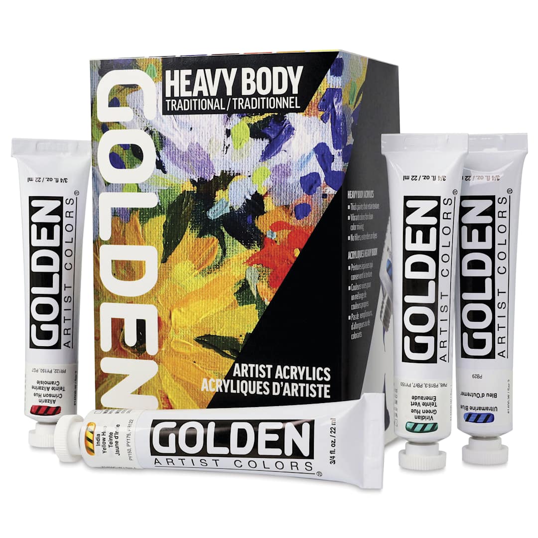 Open in modal - Golden Heavy Body Artist Acrylic Set - Traditional Set of 7 with 59 ml White and Gloss Glazing Liquid, 22 ml Tubes, tubes with packaging