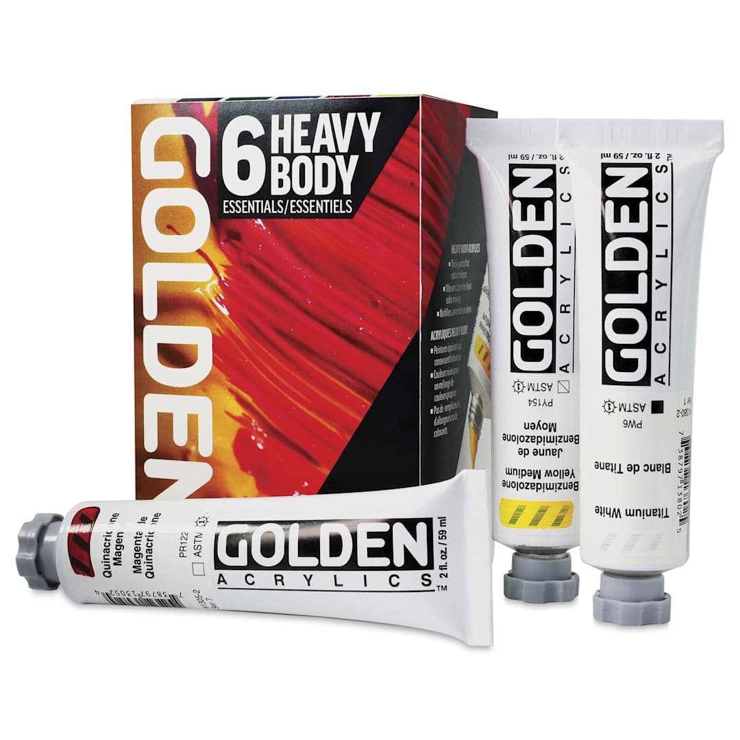 Open in modal - Golden Heavy Body Artist Acrylic Set - Essentials Set of 6, Assorted Colors, 59 ml Tubes, several tubes with packaging