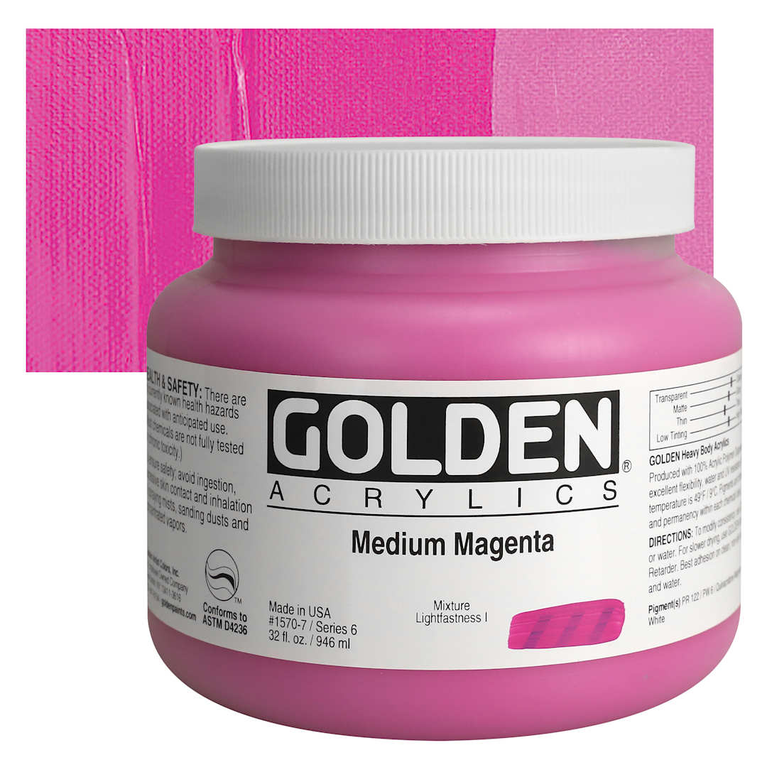 Open in modal - Golden Heavy Body Artist Acrylic - Medium Magenta, 32 oz jar and swatch