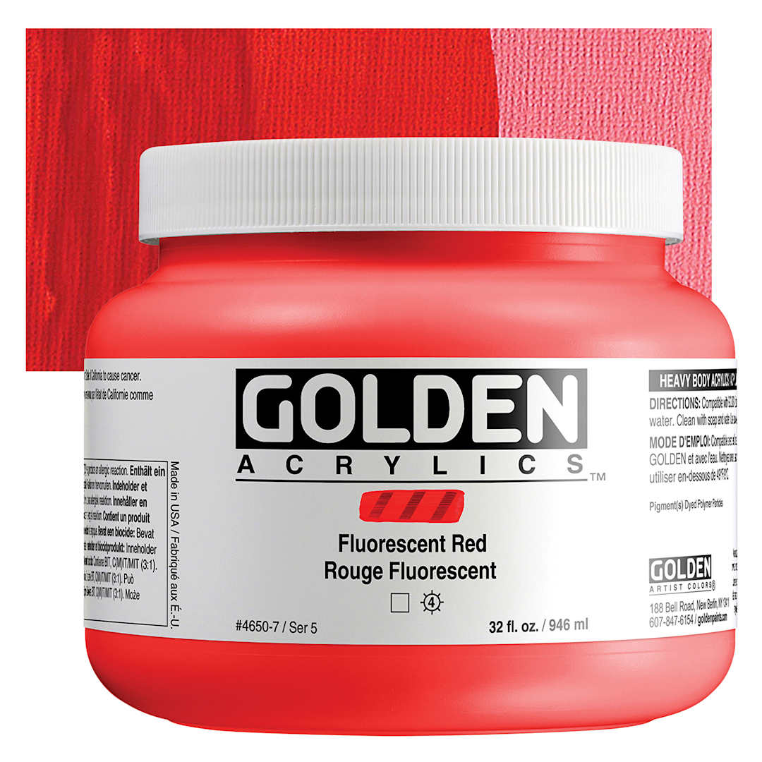 Open in modal - Golden Heavy Body Artist Acrylics - Fluorescent Red, 32 oz Jar and Swatch
