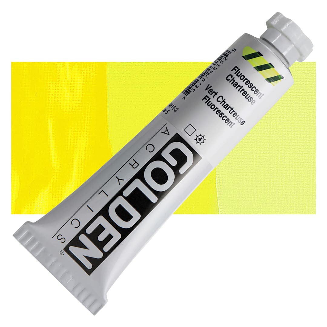 Open in modal - Golden Heavy Body Artist Acrylic - Fluorescent Chartreuse, 2 oz Tube and swatch