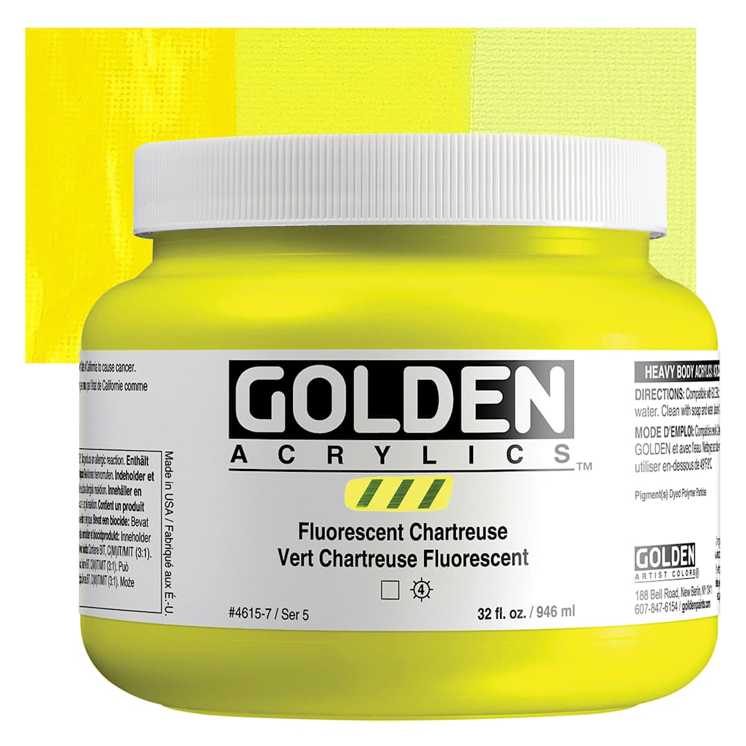 Open in modal - Golden Heavy Body Artist Acrylics - Fluorescent Chartreuse, 32 oz Jar and Swatch