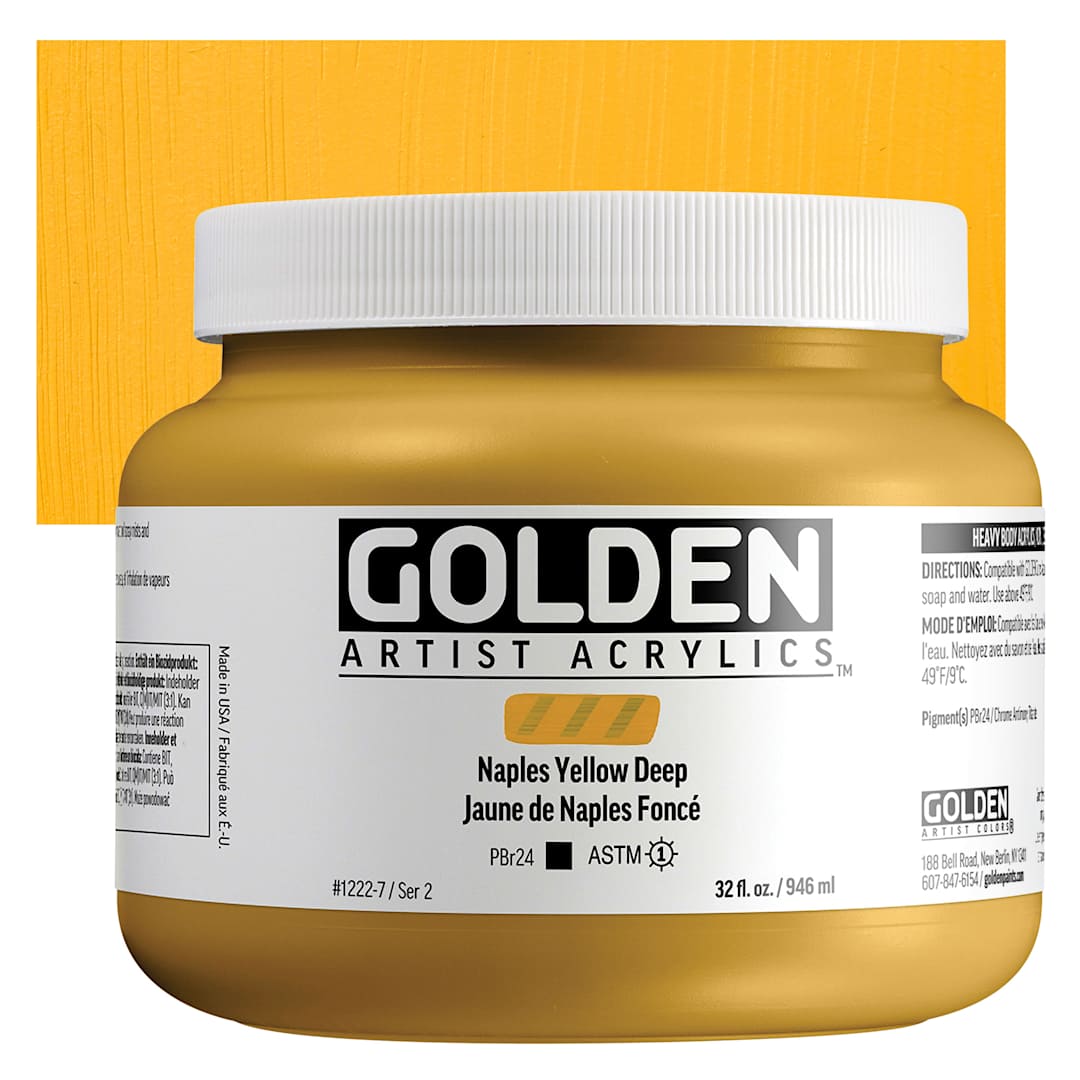 Open in modal - Golden Heavy Body Acrylic Paint - Naples Yellow Deep, 946 ml, Jar and swatch