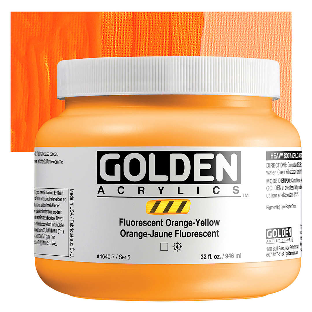Open in modal -  Golden Heavy Body Artist Acrylics - Fluorescent Orange-Yellow, 32 oz Jar and Swatch