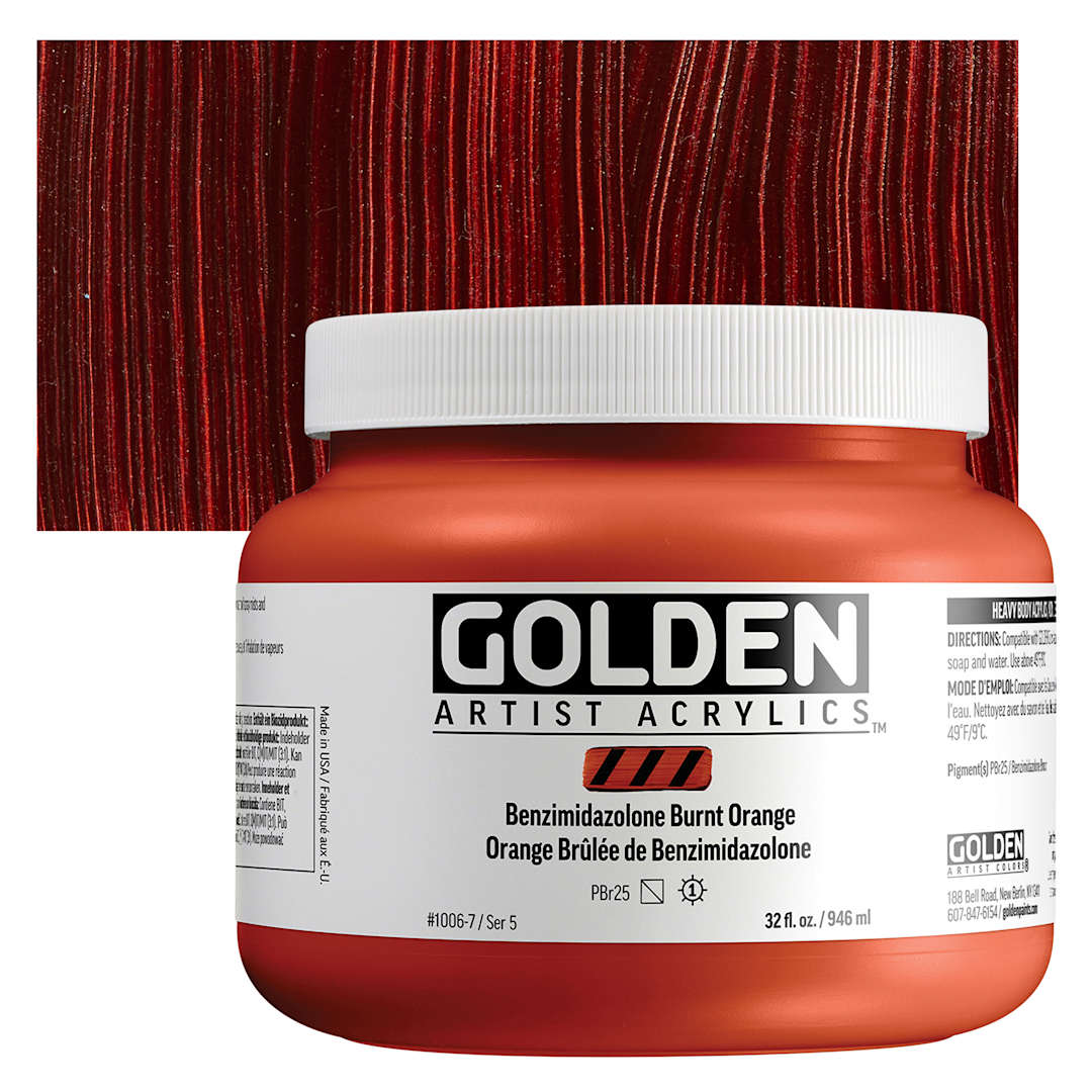 Open in modal - Golden Heavy Body Acrylic Paint - Benzimidazolone Burnt Orange, 946 ml Jar and swatch
