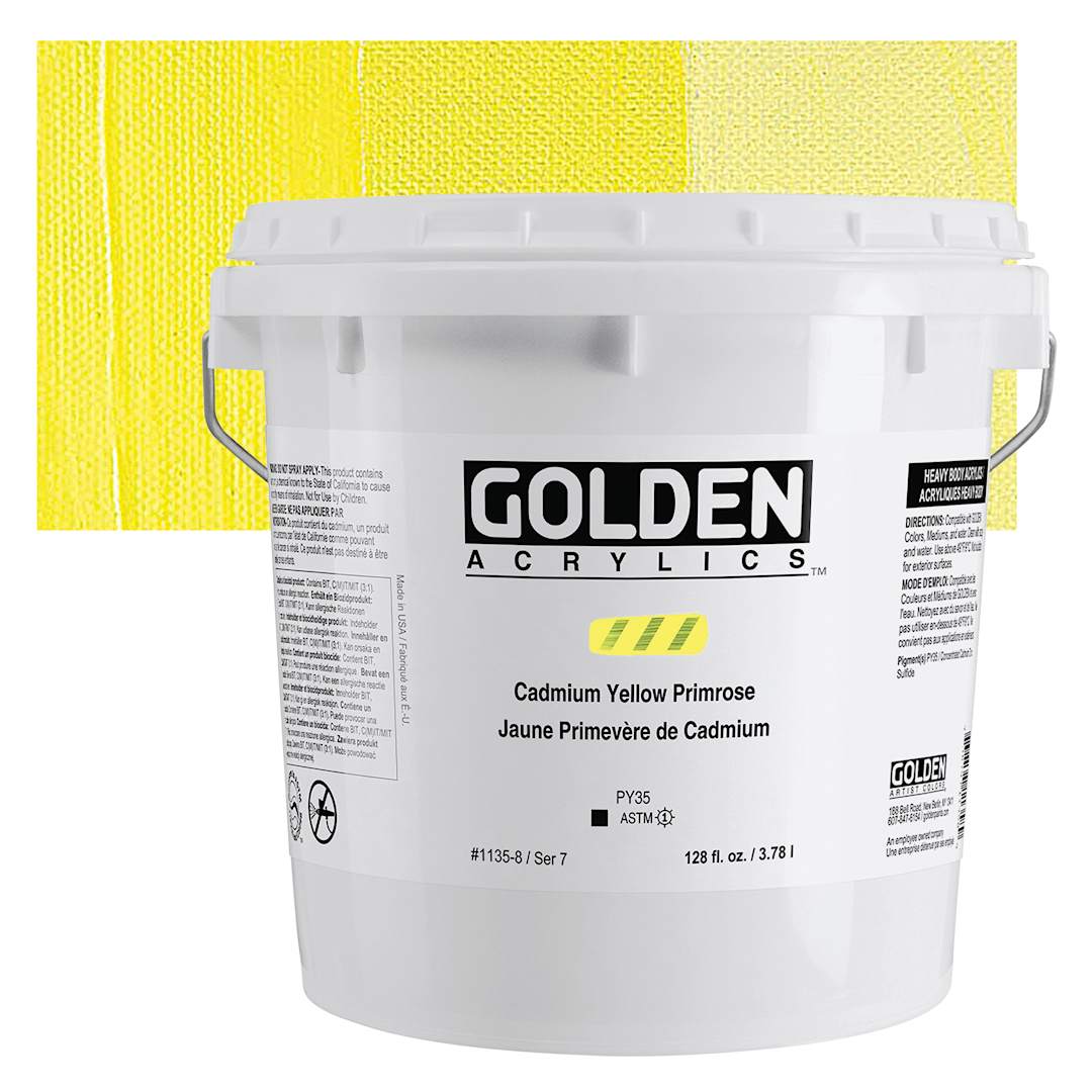 Open in modal - Golden Heavy Body Acrylic Paint - Cadmium Yellow Primrose (CP), 3.78 L bucket and swatch