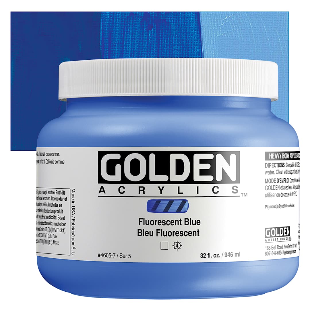 Open in modal - Golden Heavy Body Artist Acrylics - Fluorescent Blue, 32 oz Jar and Swatch