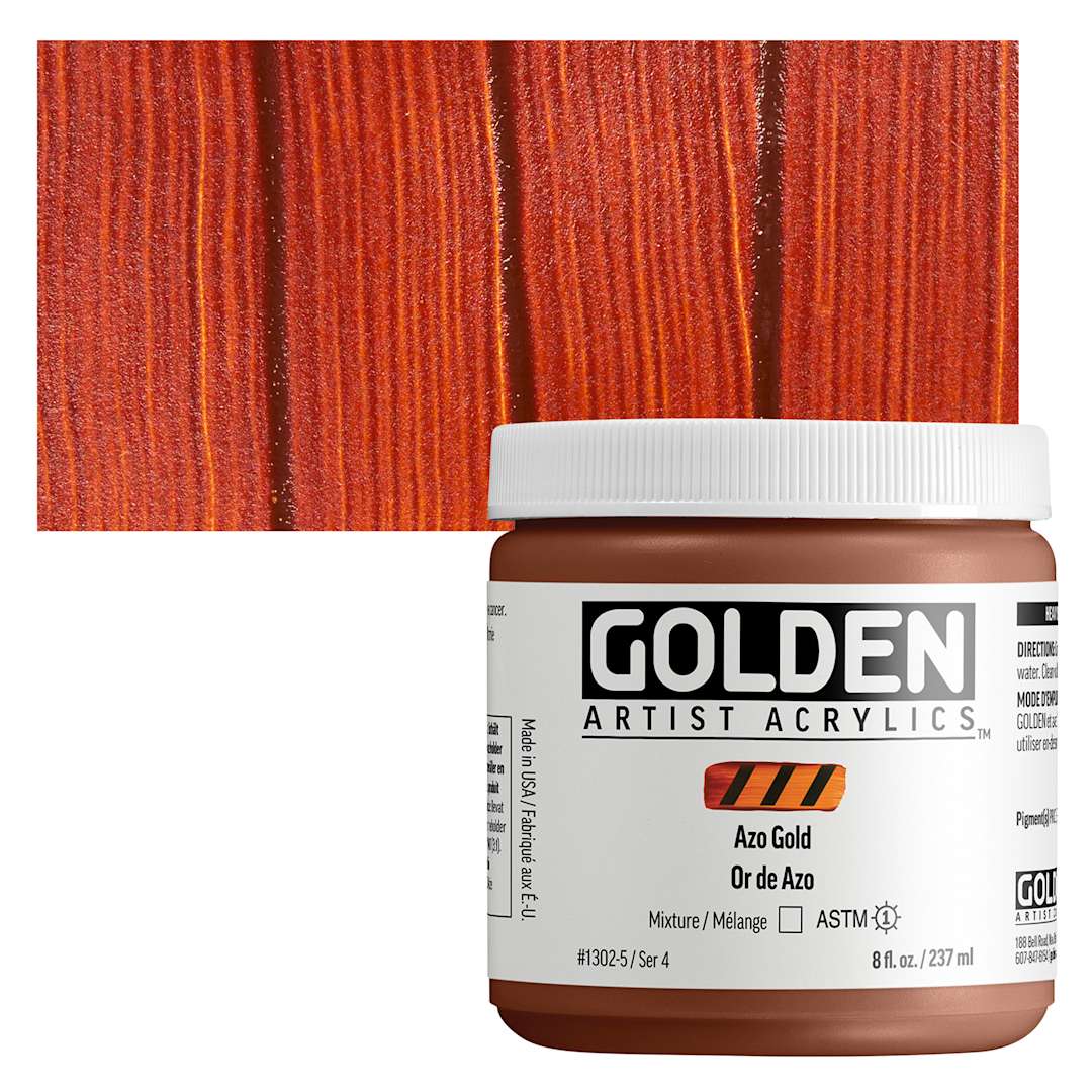 Open in modal - Golden Heavy Body Acrylic Paint - Azo Gold, 237 ml Jar and swatch