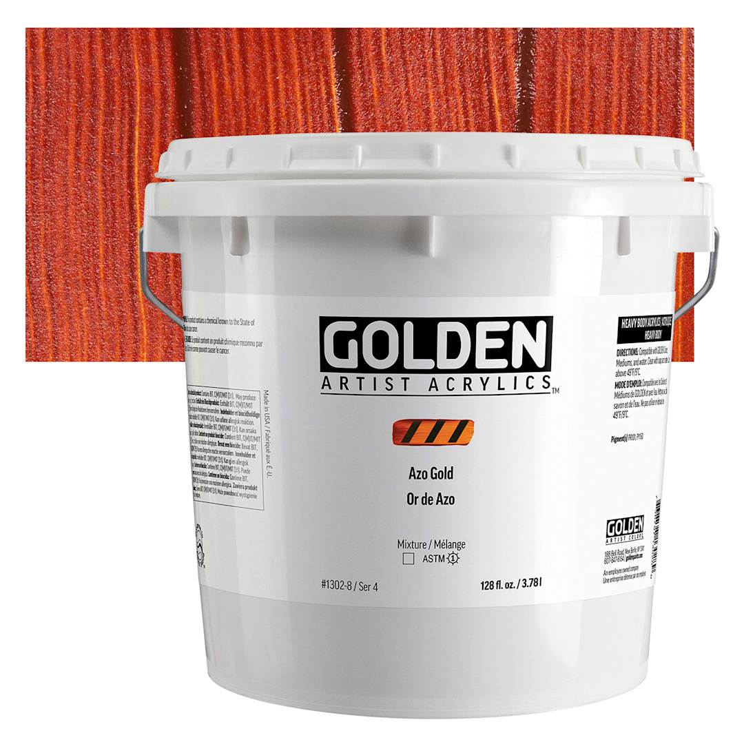 Open in modal - Golden Heavy Body Acrylic Paint - Azo Gold, 3.78 L Jar and swatch