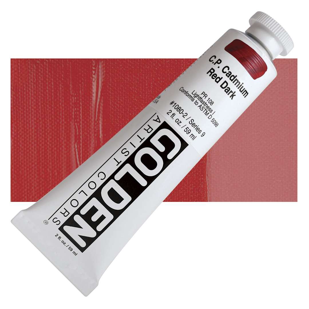 Open in modal - Golden Heavy Body Artist Acrylic - Cadmium Red Dark, 2 oz Tube and swatch