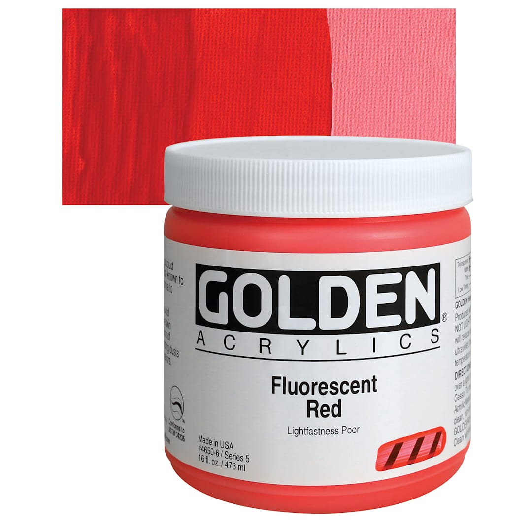 Open in modal - Golden Heavy Body Artist Acrylic - Fluorescent Red, 16 oz jar and swatch