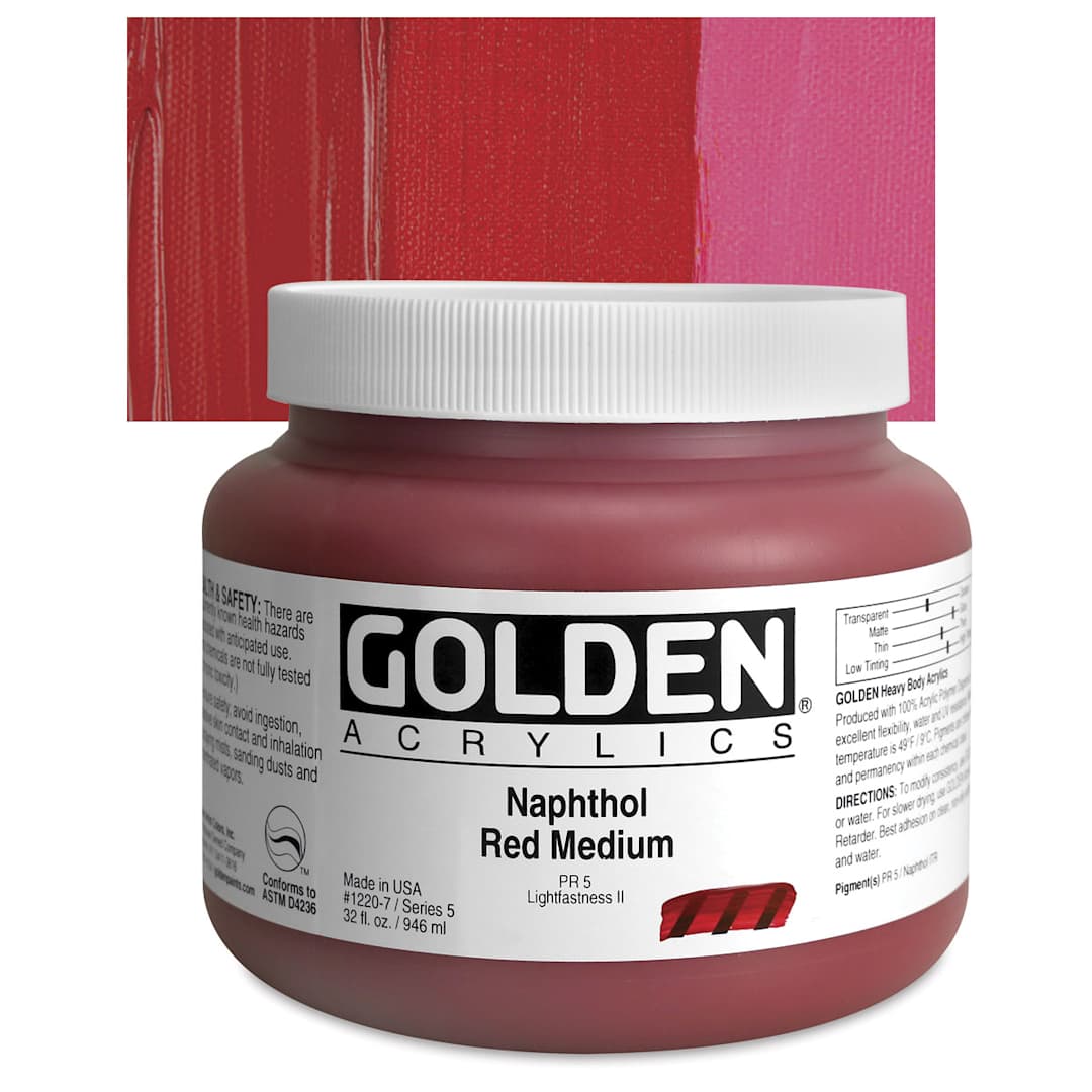 Open in modal - Golden Heavy Body Artist Acrylic - Naphthol Red Medium, 32 oz Jar and swatch