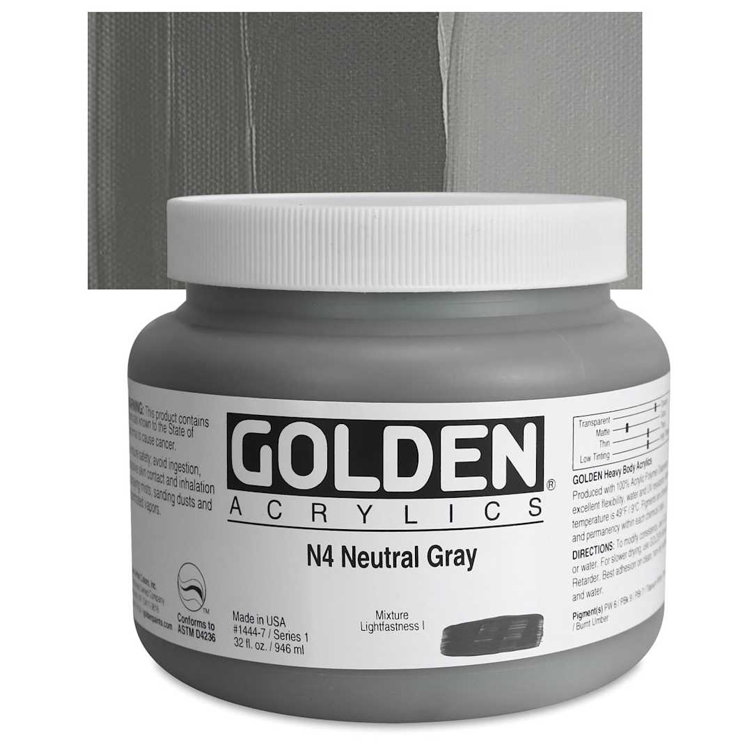 Open in modal - Golden Heavy Body Artist Acrylic - Neutral Gray N4, 32 oz Jar and swatch