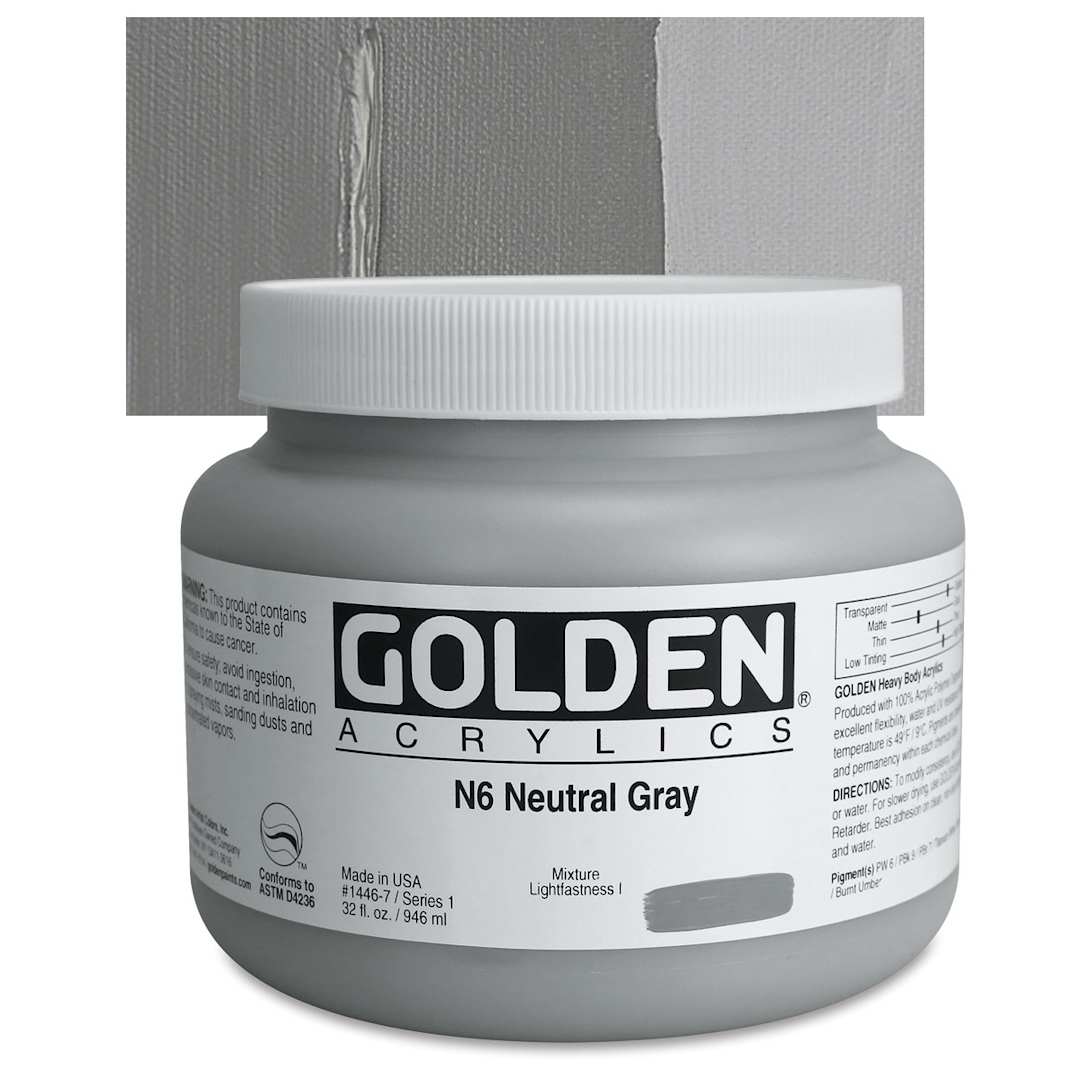 Open in modal - Golden Heavy Body Artist Acrylic - Neutral Gray N6, 32 oz Jar and swatch