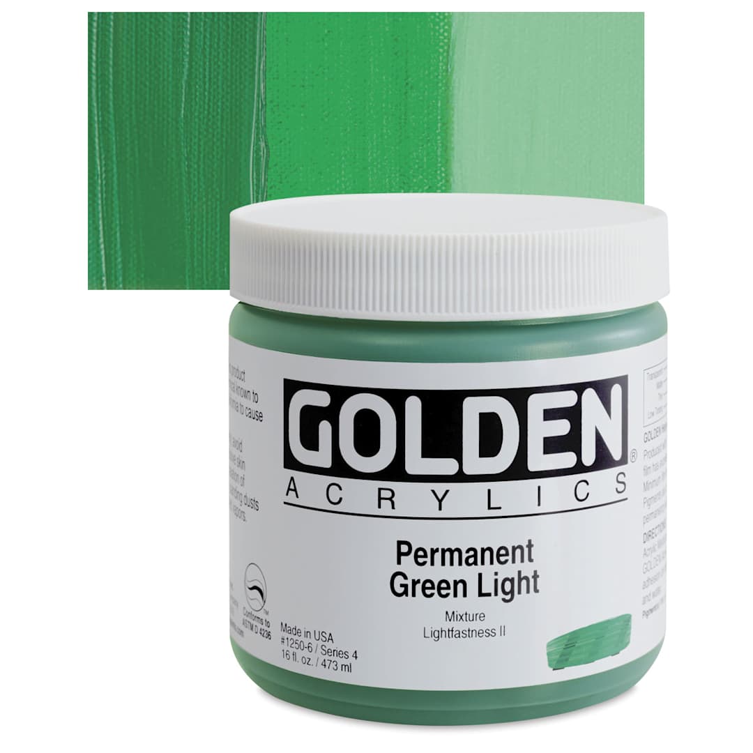 Open in modal - Golden Heavy Body Artist Acrylic - Permanent Green Light, 16 oz Jar and swatch