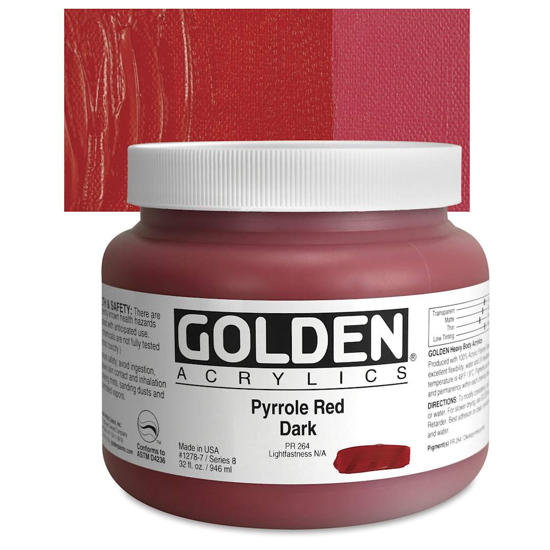 Open in modal - Golden Heavy Body Artist Acrylic - Pyrrole Red Dark, 32 oz Jar and swatch