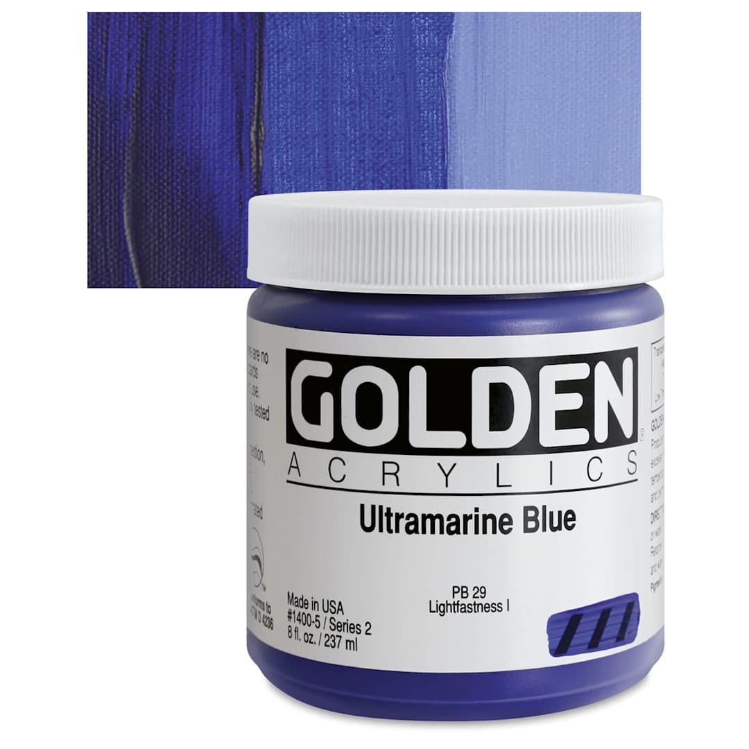 Open in modal - Golden Heavy Body Artist Acrylic - Ultramarine Blue, 8 oz Jar and swatch