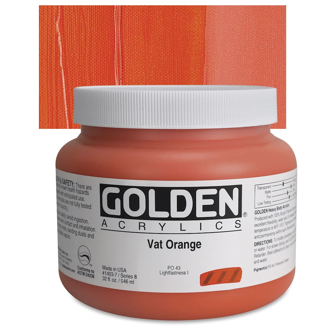Open in modal - Golden Heavy Body Artist Acrylic - Vat Orange, 32 oz Jar and swatch