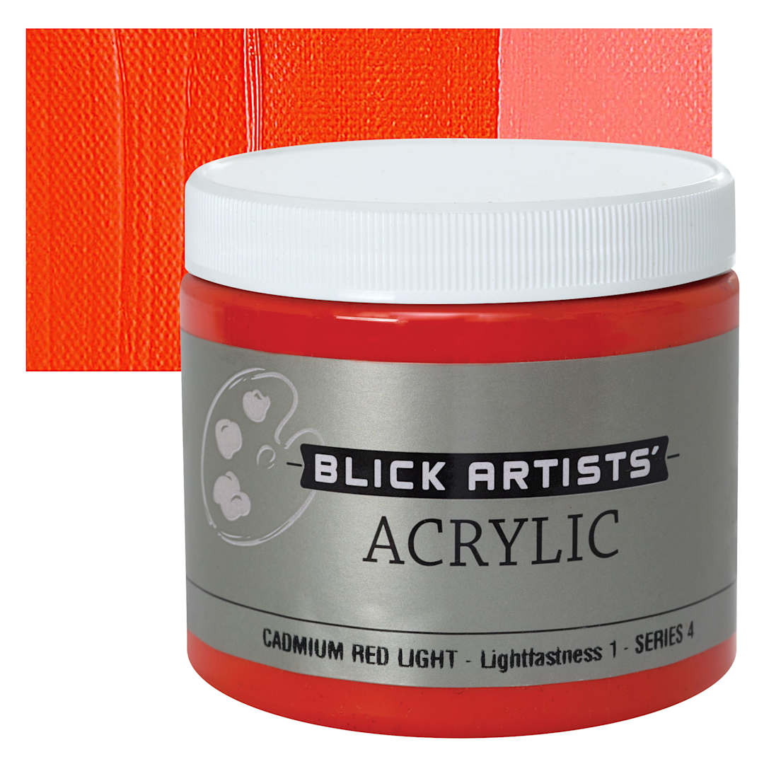 Open in modal - Blick Artists' Acrylic - Cadmium Red Light, 16 oz jar and swatch