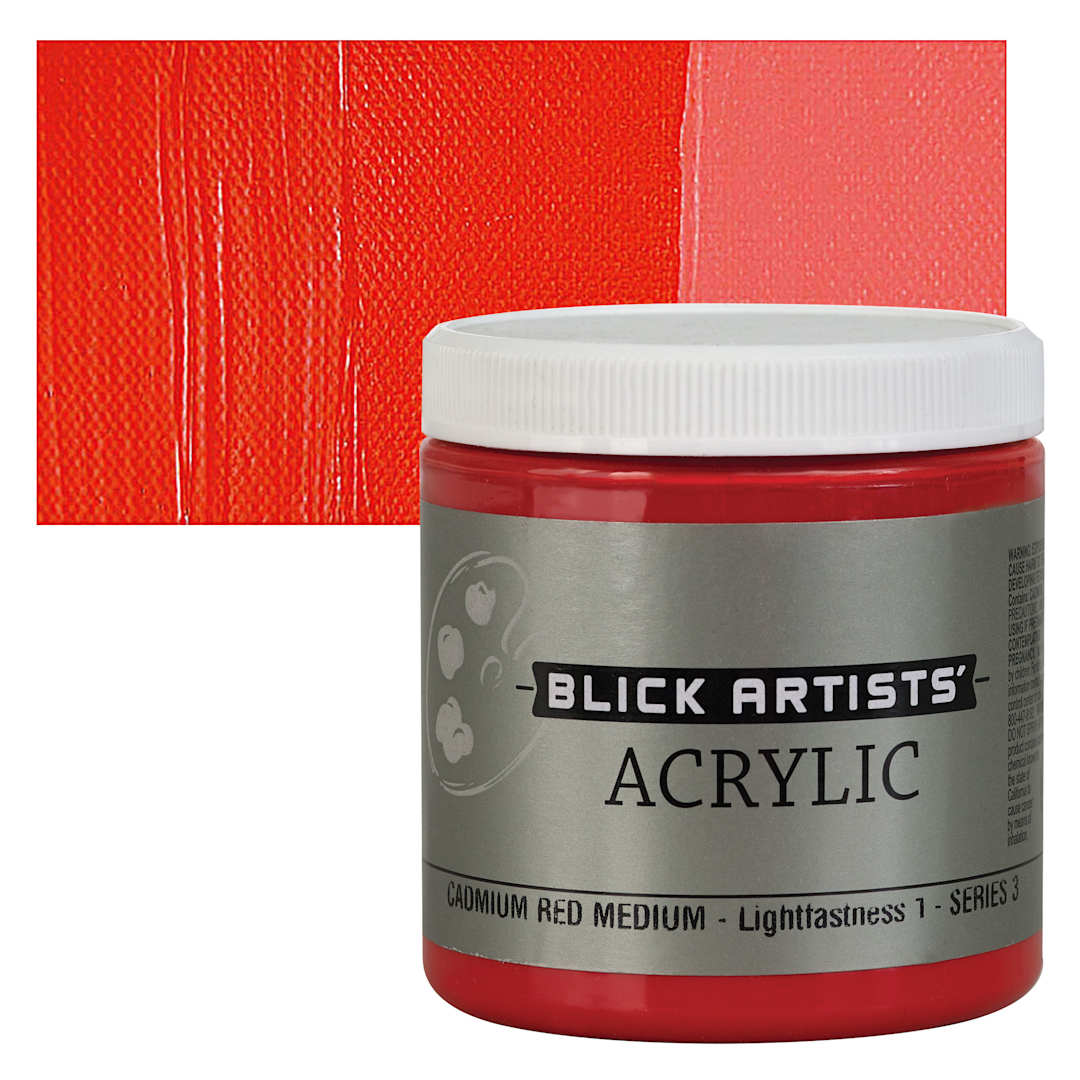 Open in modal - Blick Artists' Acrylic - Cadmium Red Medium, 8 oz jar and swatch