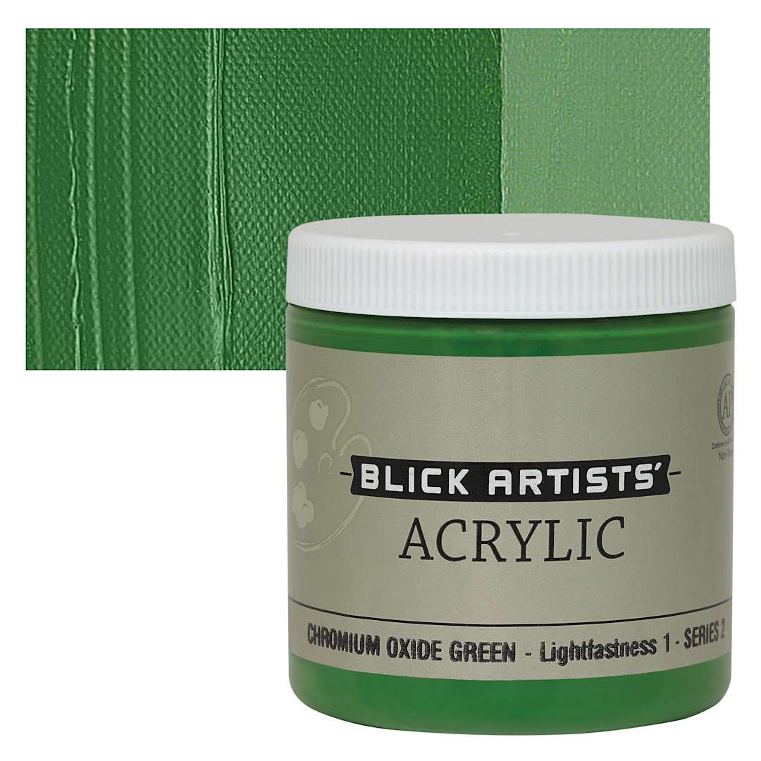Open in modal - Blick Artists' Acrylic - Chromium Oxide Green, 8 oz jar and swatch