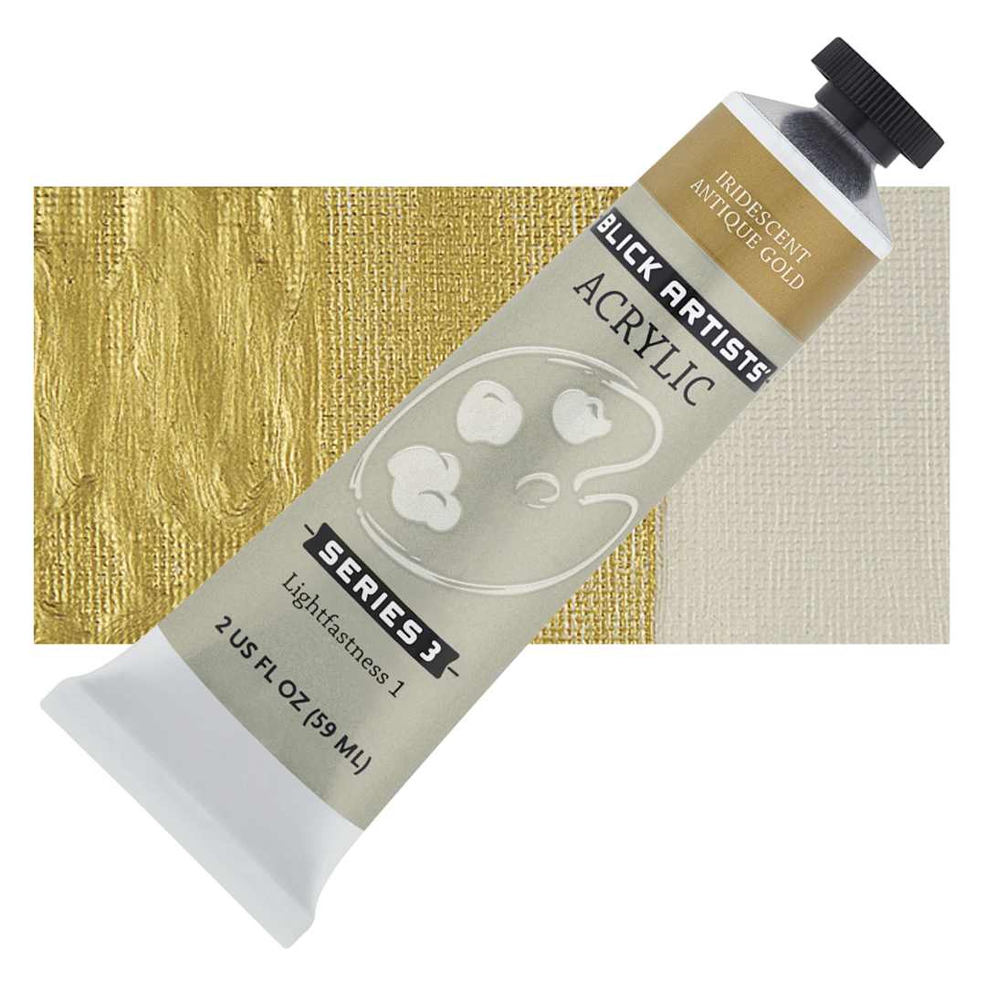 Open in modal - Blick Artists' Acrylic - Iridescent Antique Gold, 2 oz tube and swatch