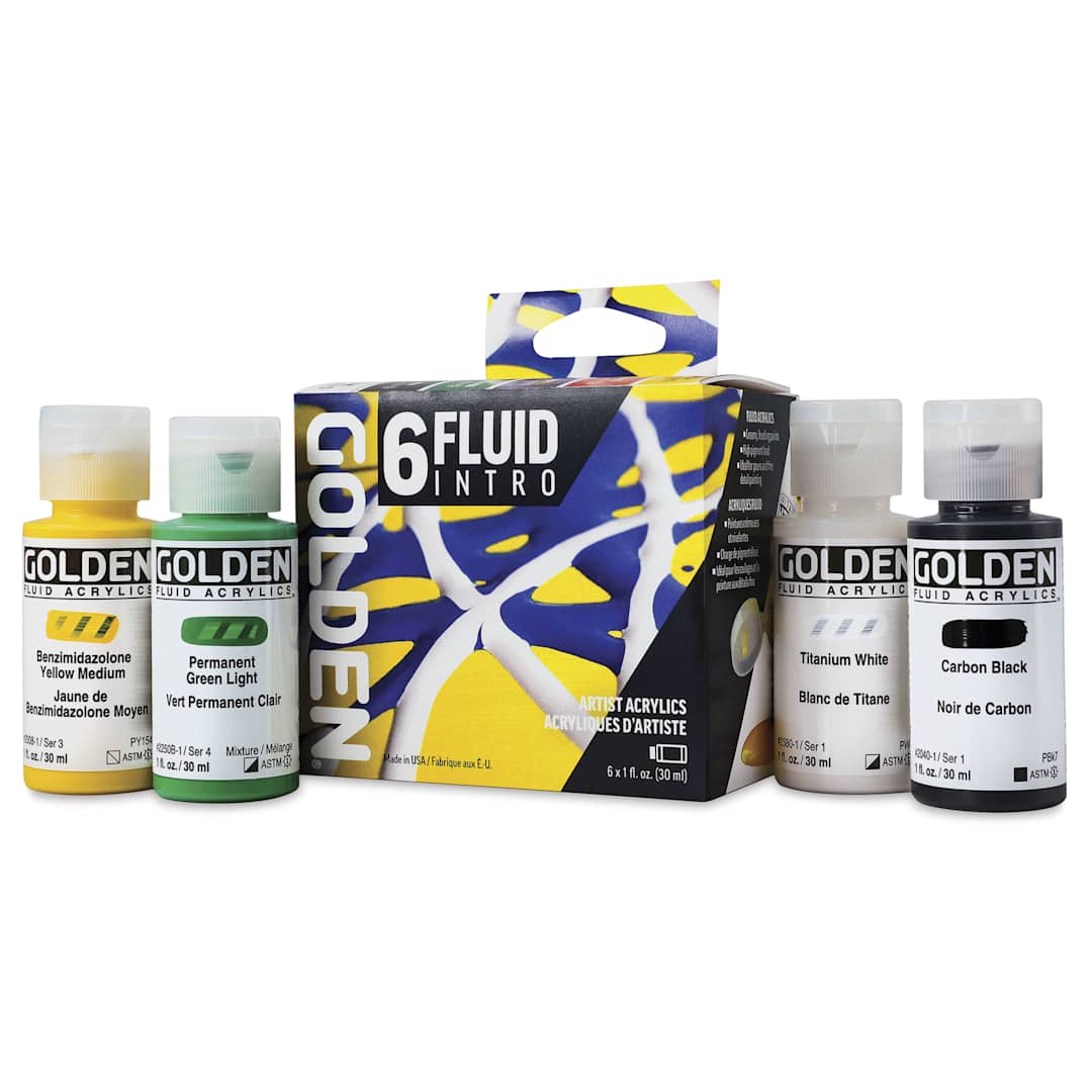 Open in modal - Golden Fluid Acrylics - Intro Colors, Set of 6, 30 ml, bottles with packaging