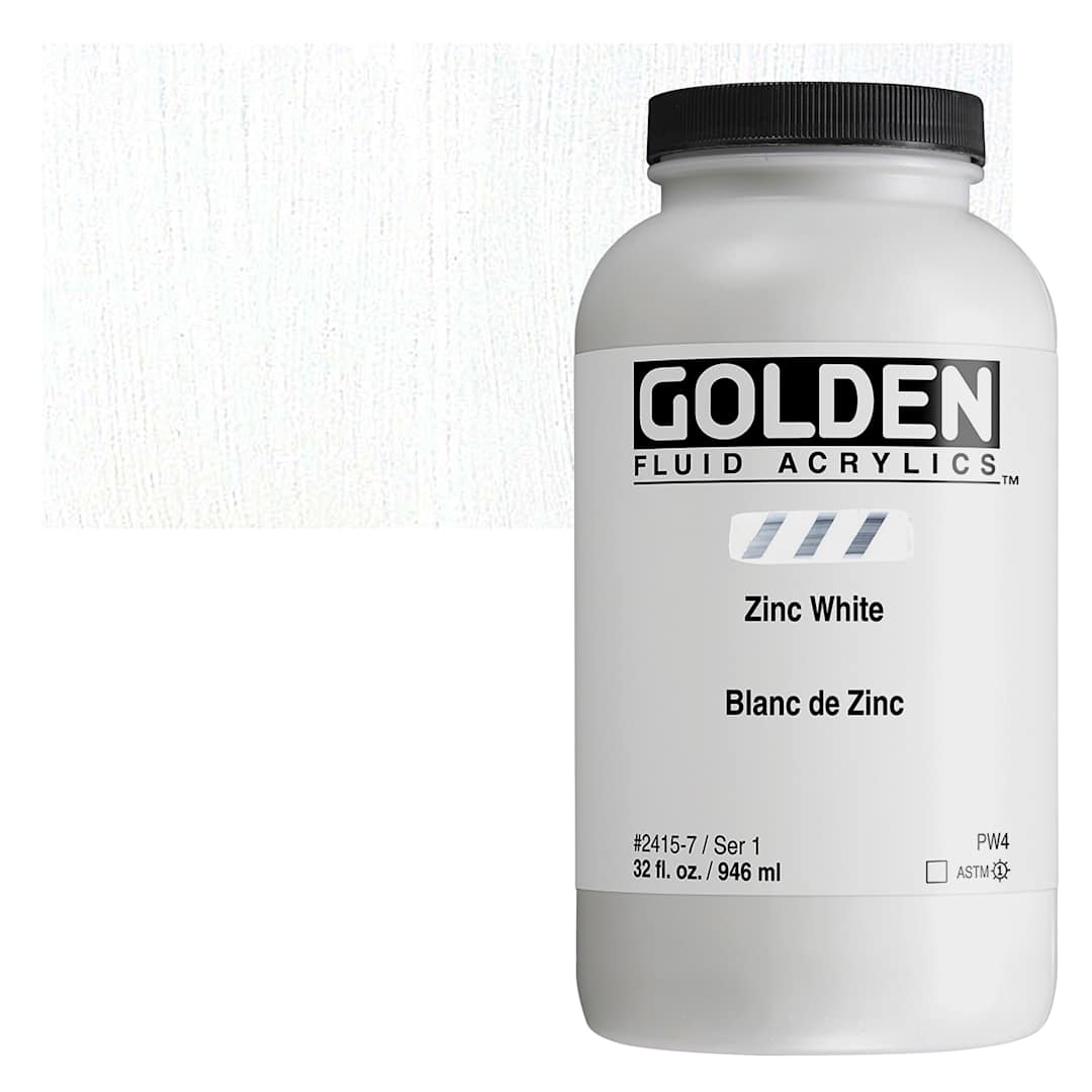 Open in modal - Golden Fluid Acrylic - Zinc White, 32 oz bottle and swatch
