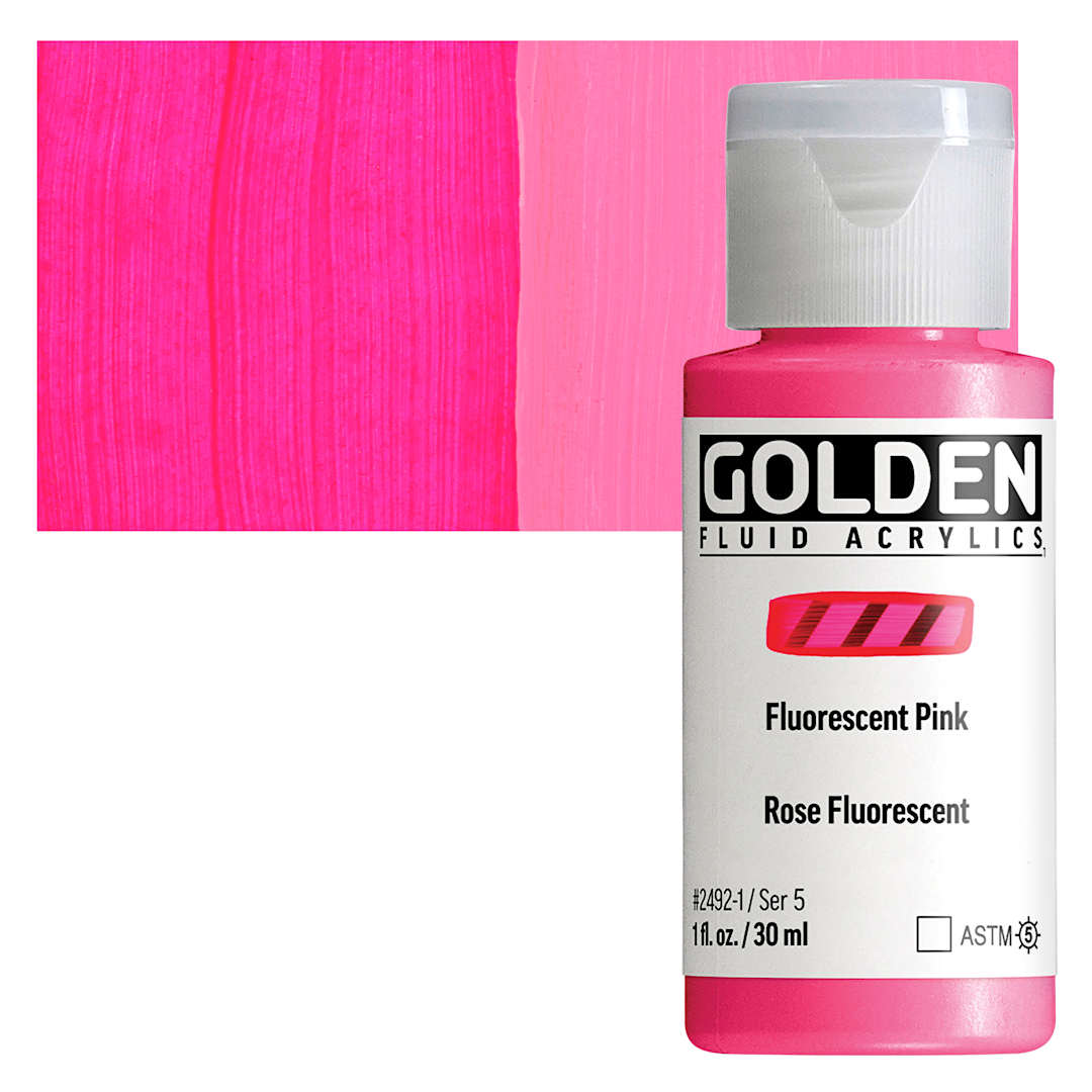 Open in modal - Golden Fluid Acrylic - Fluorescent Pink, 1 oz bottle and swatch