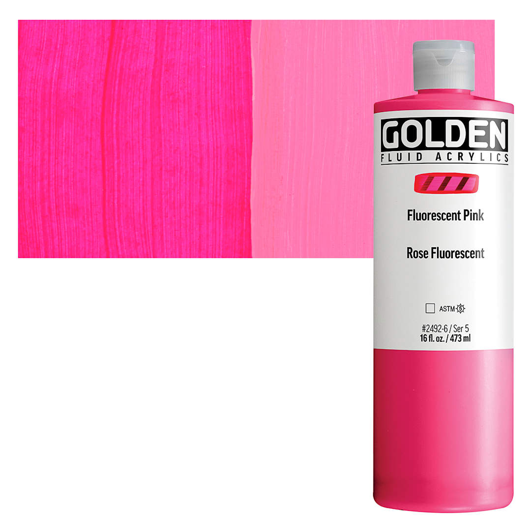 Open in modal - Golden Fluid Acrylic - Fluorescent Pink, 16 oz Bottle and swatch