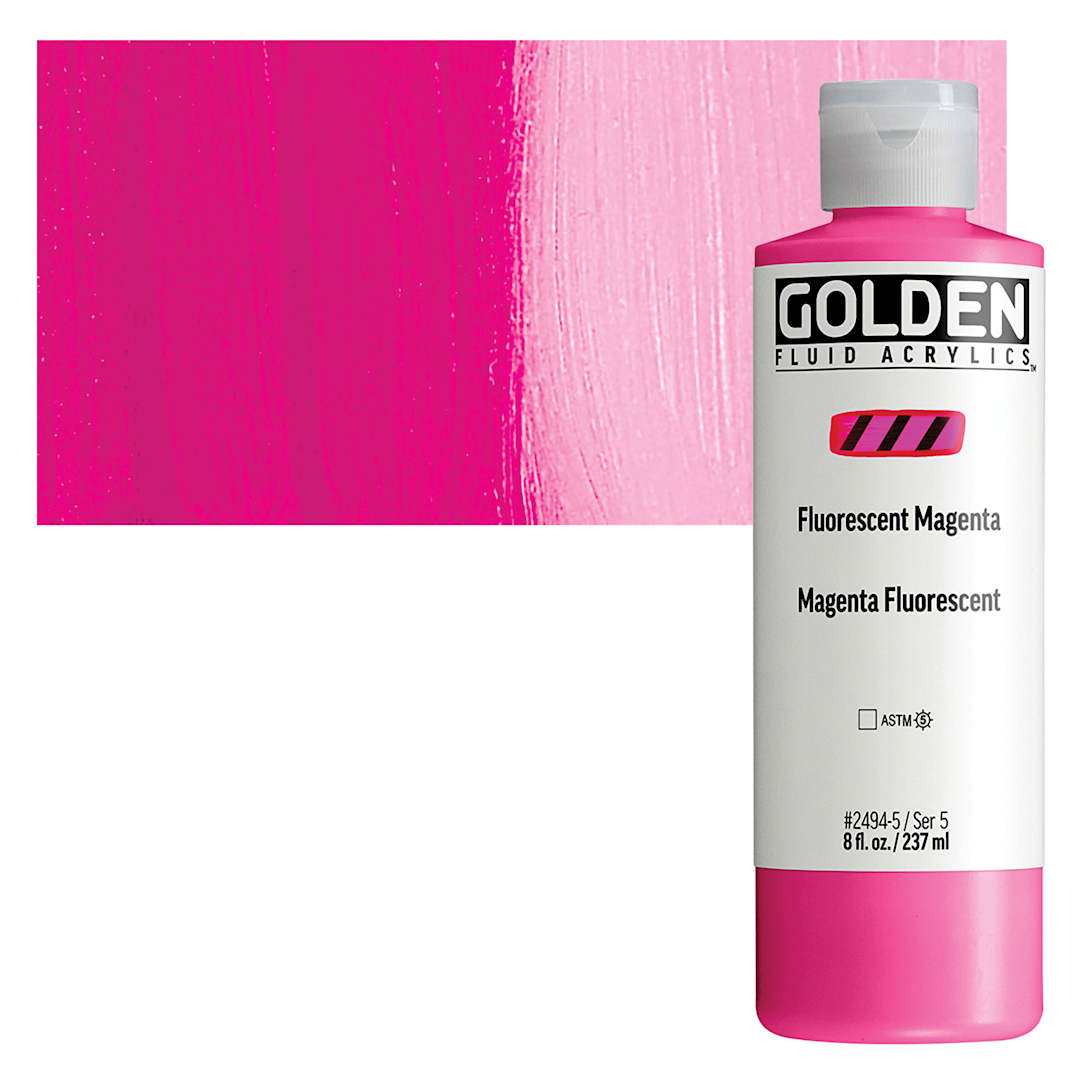 Open in modal - Golden Fluid Acrylic - Fluorescent Magenta, 8 oz Bottle and swatch