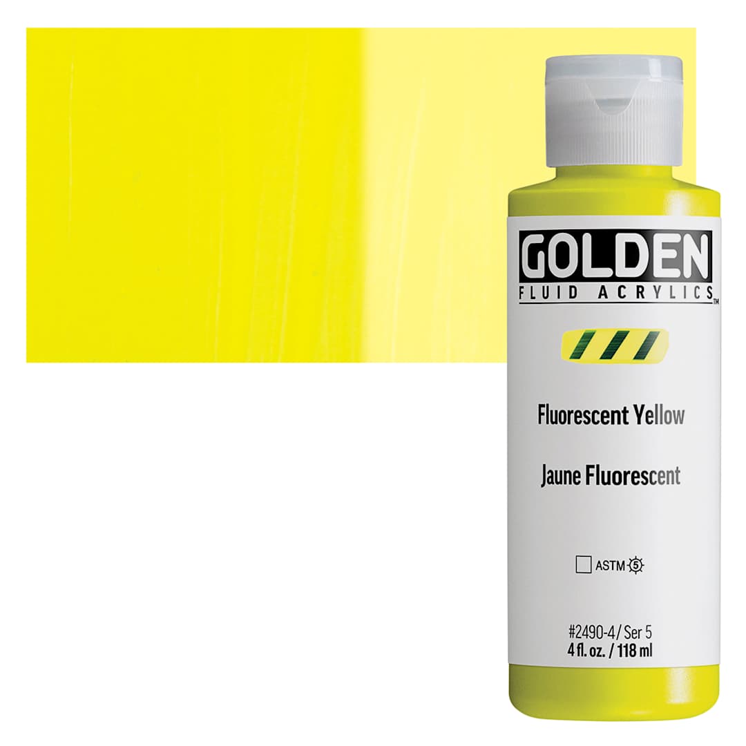 Open in modal - Golden Fluid Acrylic - Fluorescent Yellow, 4 oz bottle and swatch