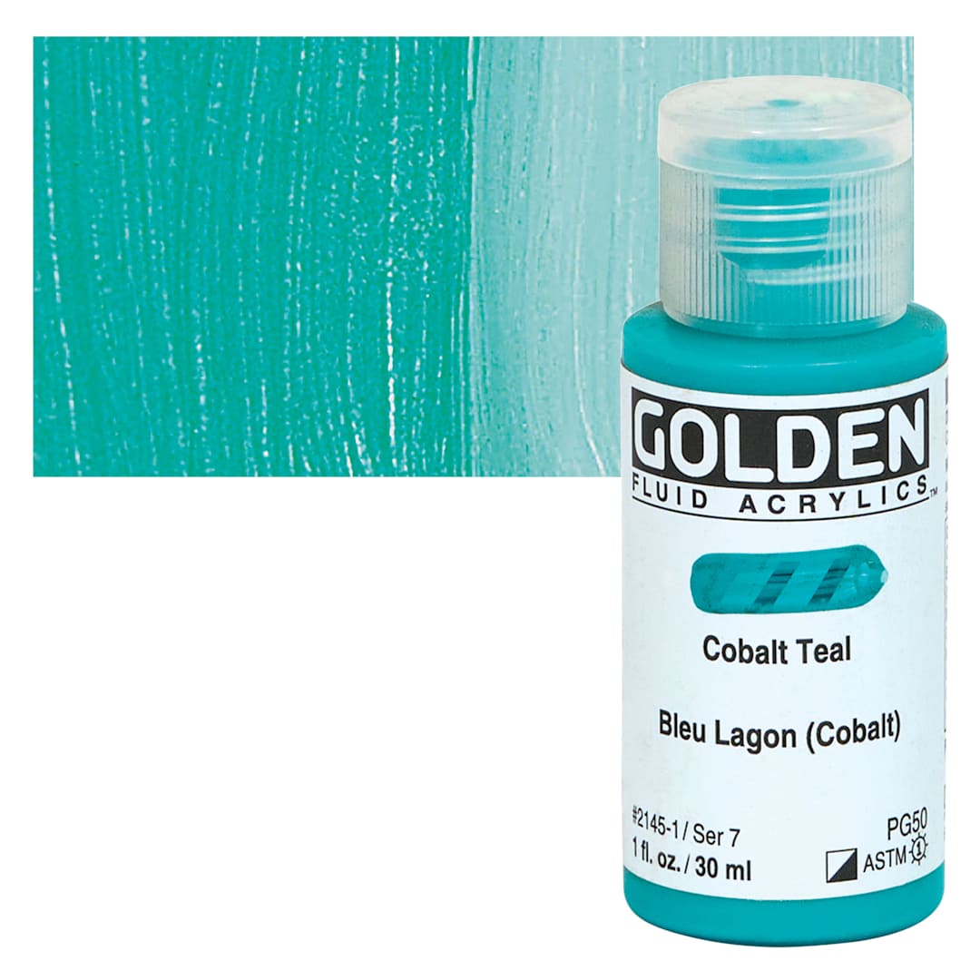 Open in modal - Golden Fluid Acrylics - Cobalt Teal, 1 oz bottle and swatch