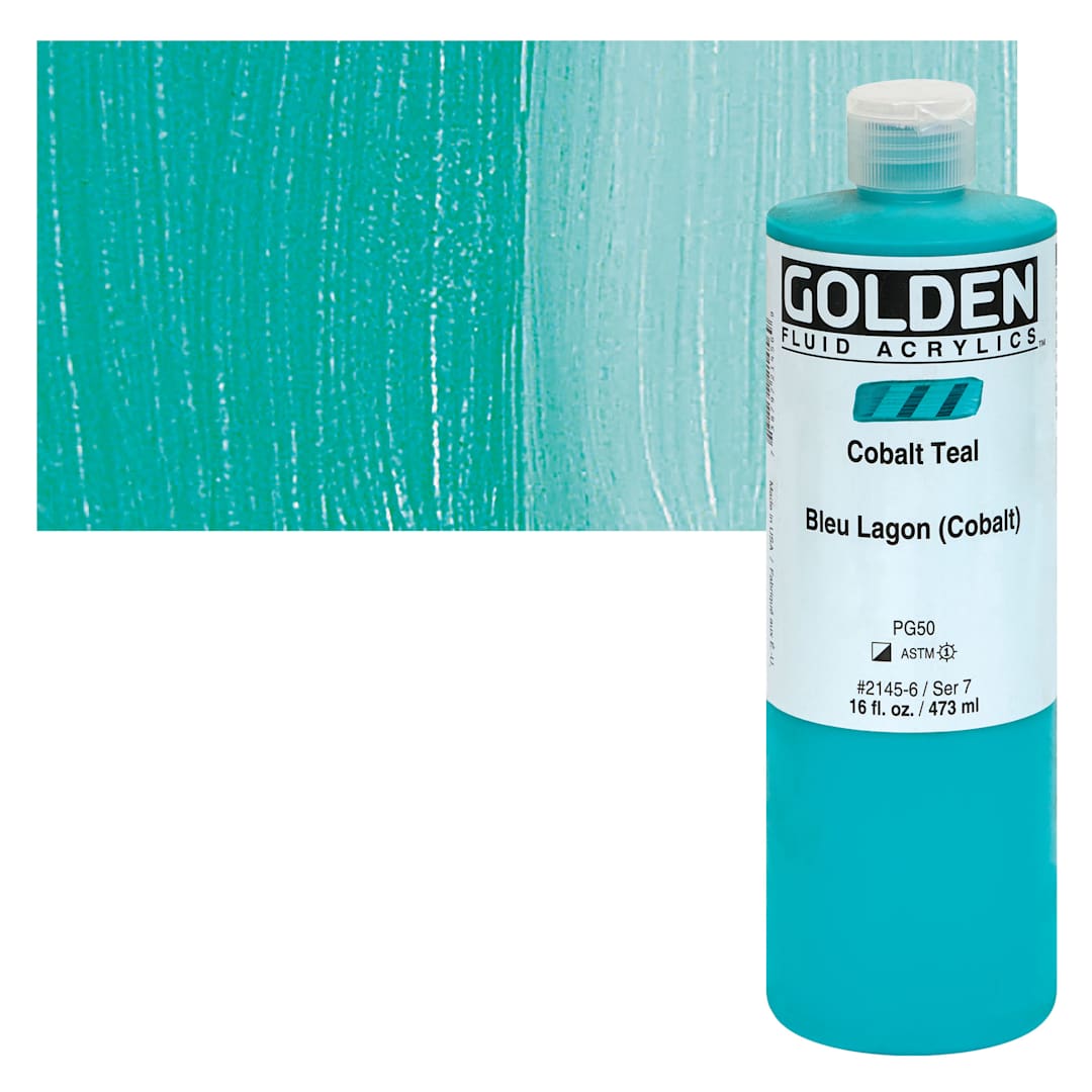 Open in modal - Golden Fluid Acrylics - Cobalt Teal, 16 oz bottle and swatch