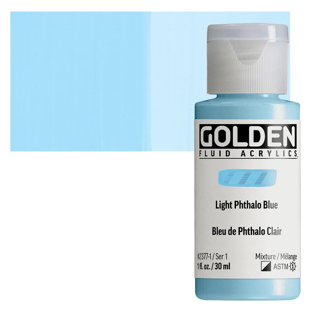 Open in modal - Golden Fluid Acrylic - Light Phthalo Blue, 1 oz bottle and swatch