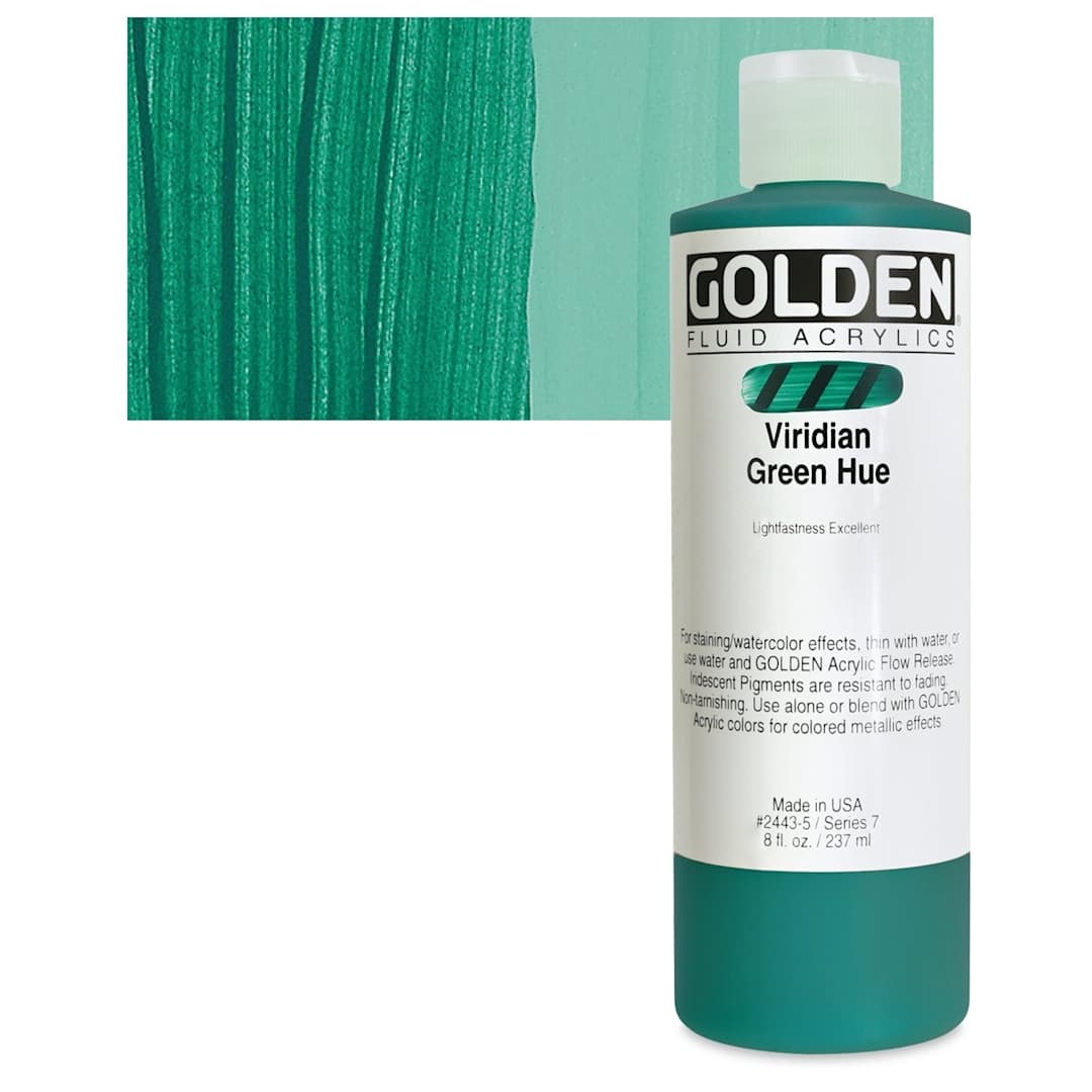 Open in modal - Golden Fluid Acrylic - Viridian Green Historical Hue, 8 oz bottle and swatch