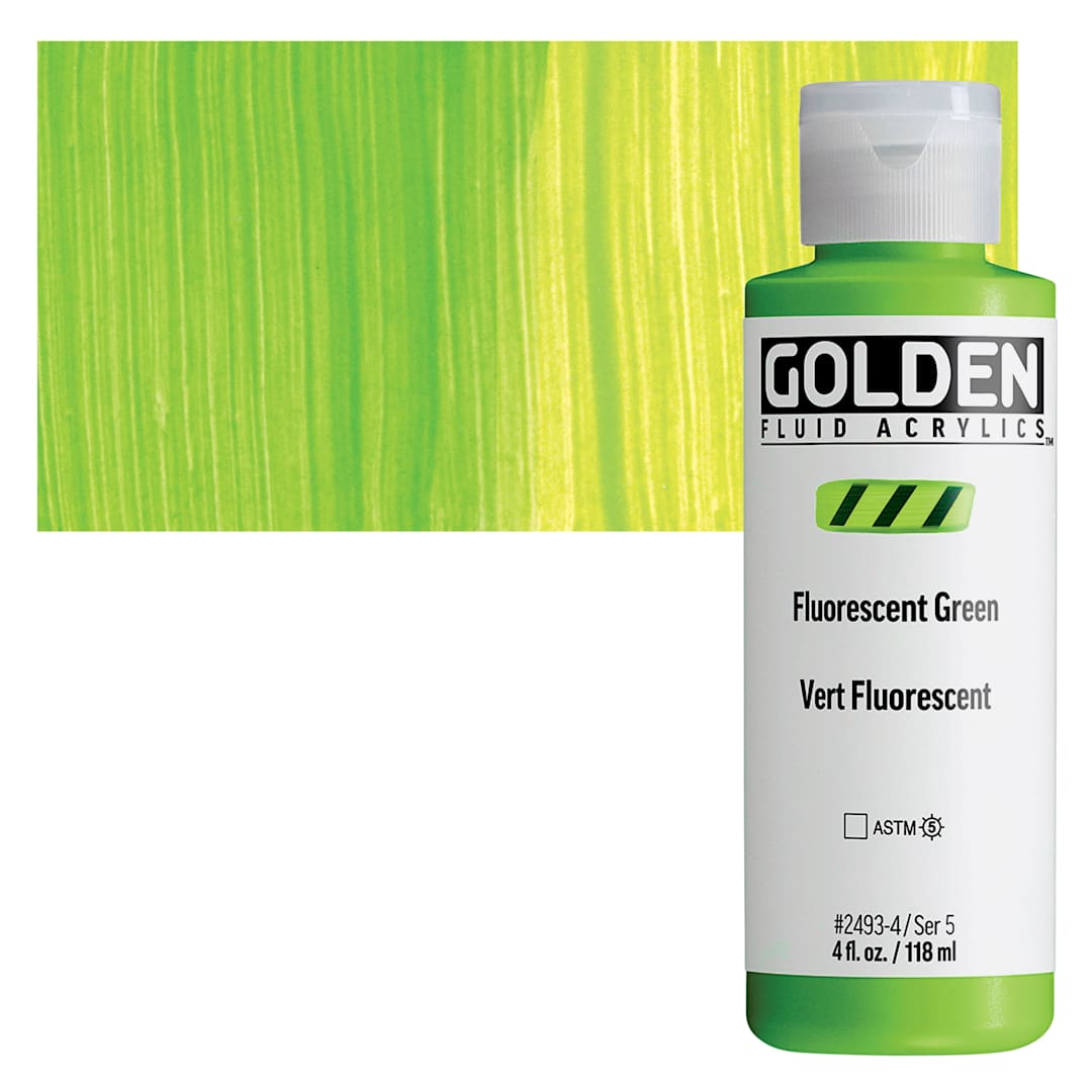 Open in modal - Golden Fluid Acrylic - Fluorescent Green, 4 oz bottle and swatch