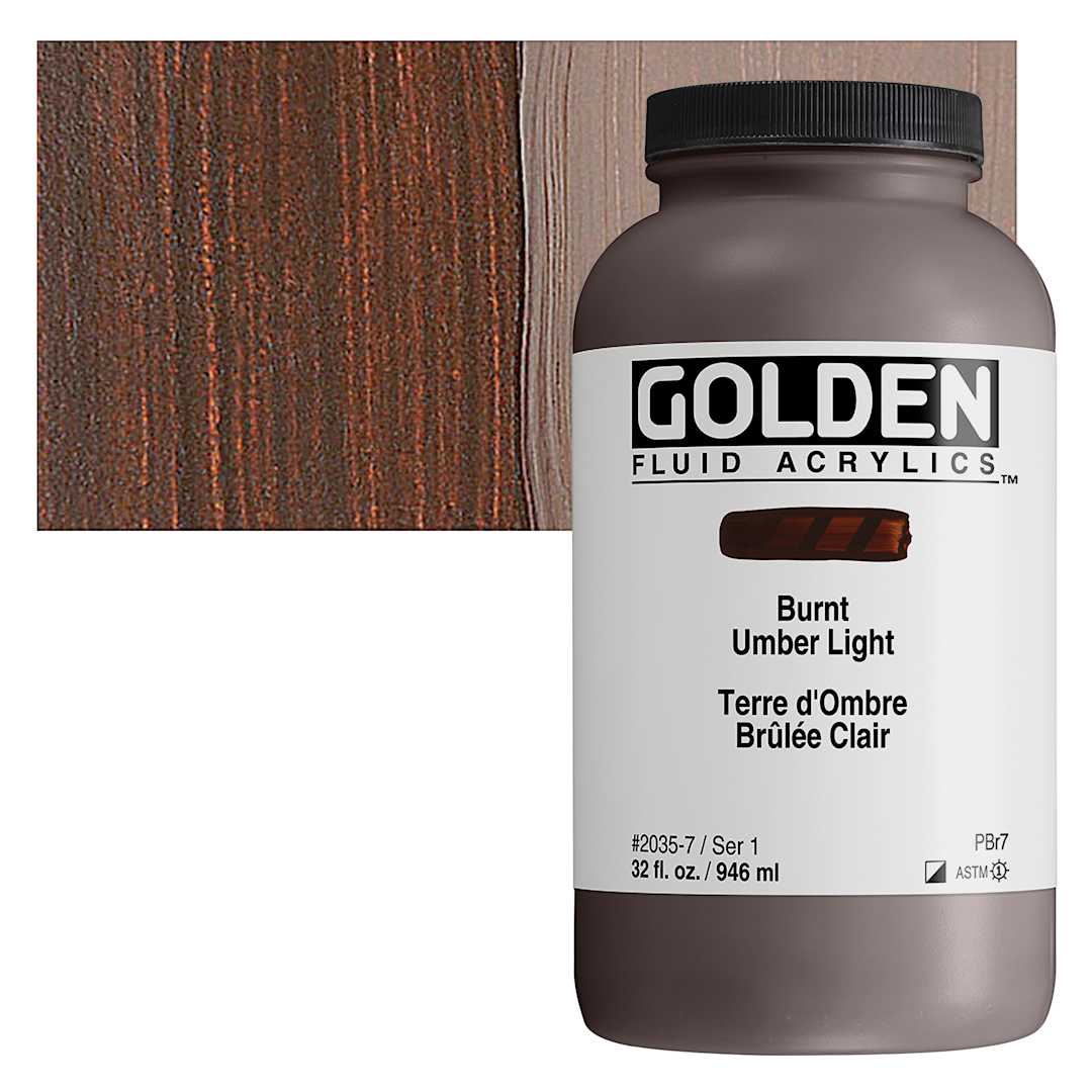 Open in modal - Golden Fluid Acrylic - Burnt Umber Light, 32 oz bottle and swatch