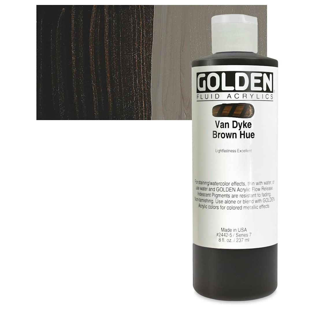 Open in modal - Golden Fluid Acrylic - Van Dyke Brown Historical Hue, 8 oz bottle and swatch