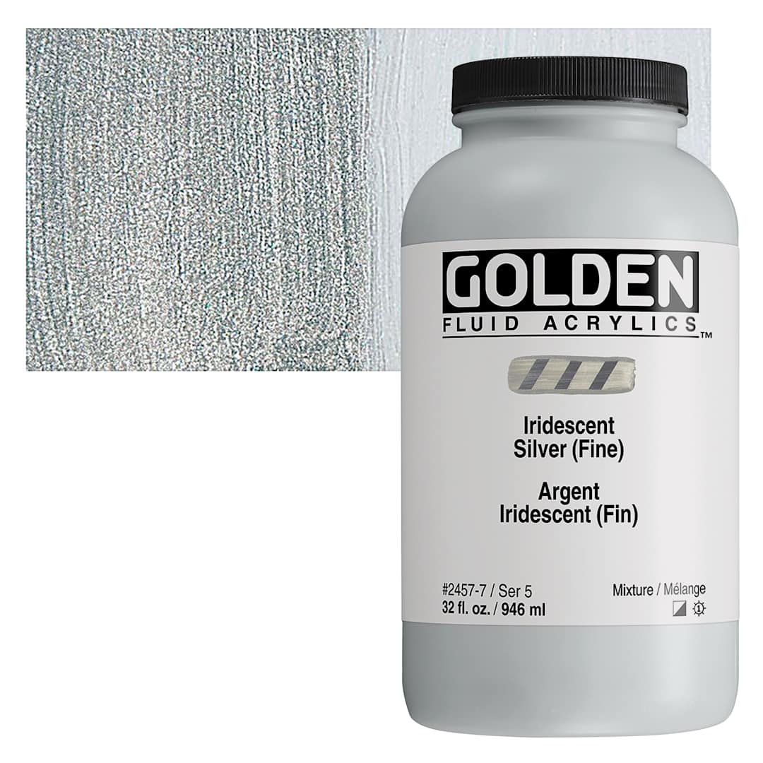 Open in modal - Golden Fluid Acrylic - Iridescent Silver (Fine), 32 oz bottle and swatch