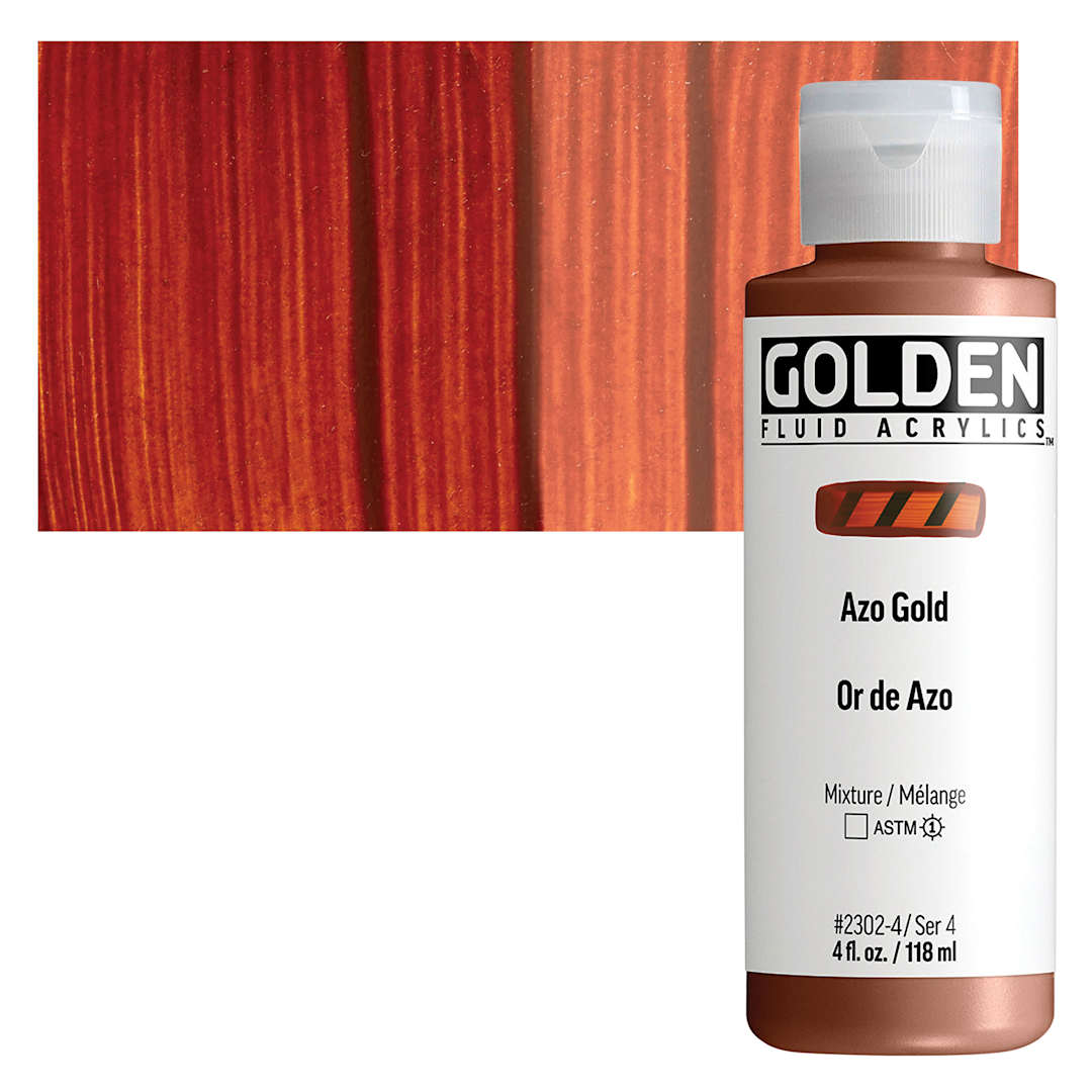 Open in modal - Golden Fluid Acrylic - Azo Gold, 4 oz bottle and swatch