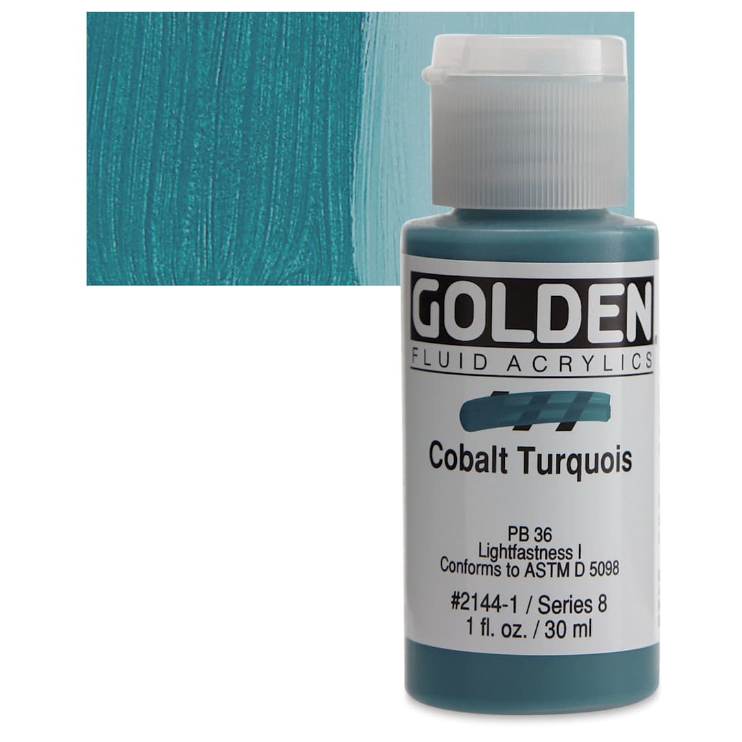 Open in modal - Golden Fluid Acrylic - Cobalt Turquoise, 1 oz bottle and swatch