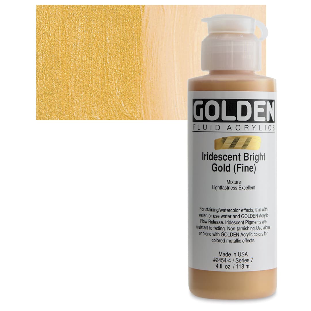 Open in modal - Golden Fluid Acrylic - Iridescent Bright Gold (Fine), 4 oz bottle and swatch