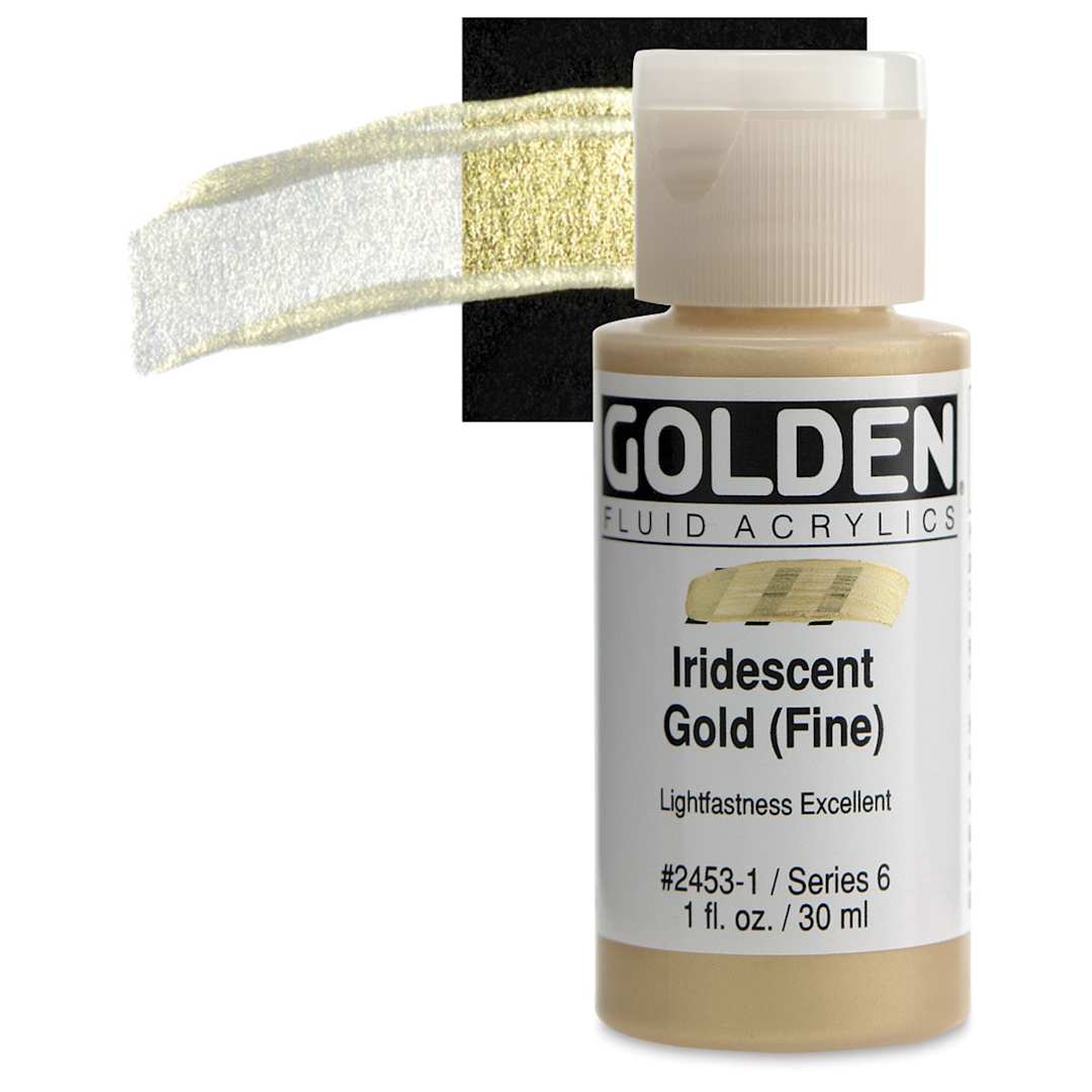 Open in modal - Golden Fluid Acrylic - Iridescent Gold (Fine), 1 oz bottle and swatch