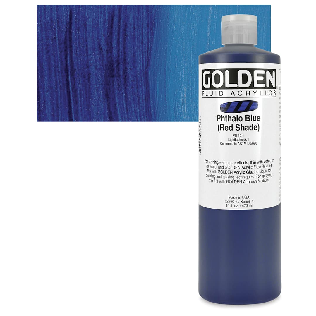 Open in modal - Golden Fluid Acrylic - Phthalo Blue (Red Shade), 16 oz bottle and swatch