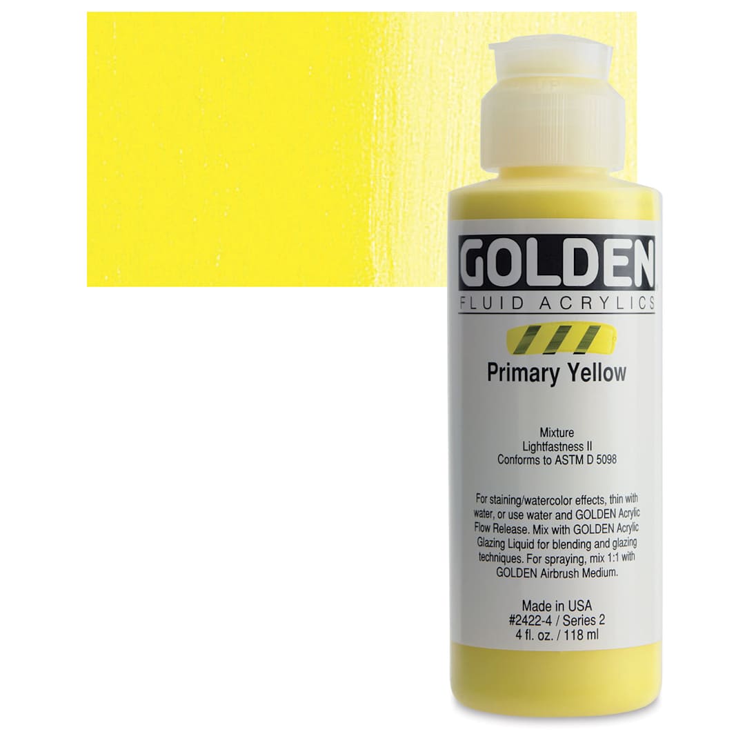 Open in modal - Golden Fluid Acrylic - Primary Yellow, 4 oz bottle and swatch