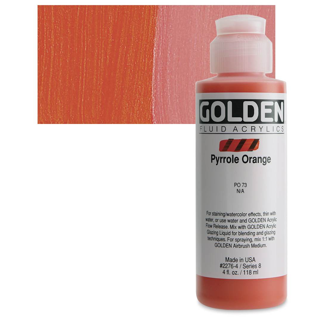 Open in modal - Golden Fluid Acrylic - Pyrrole Orange, 4 oz bottle and swatch