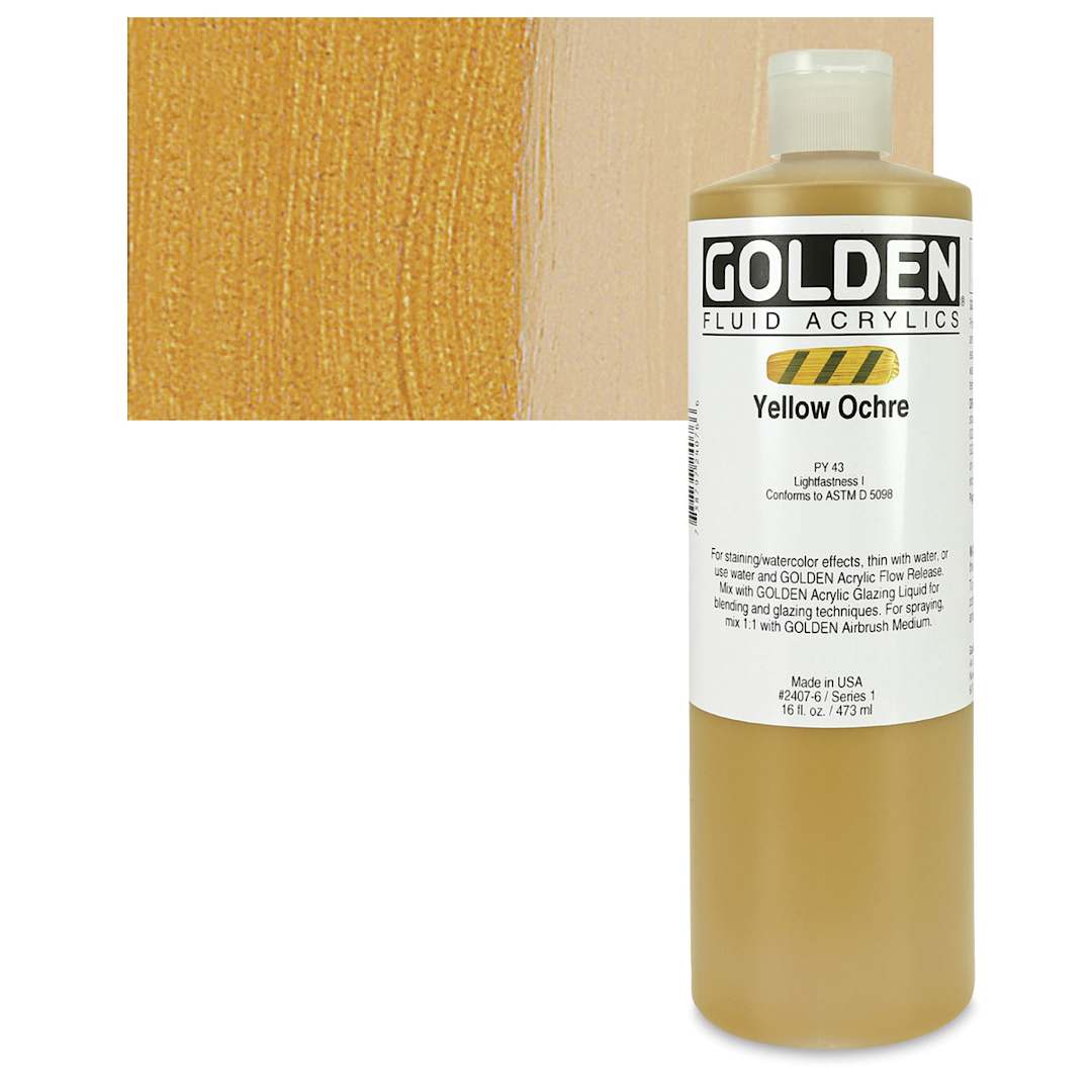 Open in modal - Golden Fluid Acrylic - Yellow Ochre, 16 oz bottle and swatch